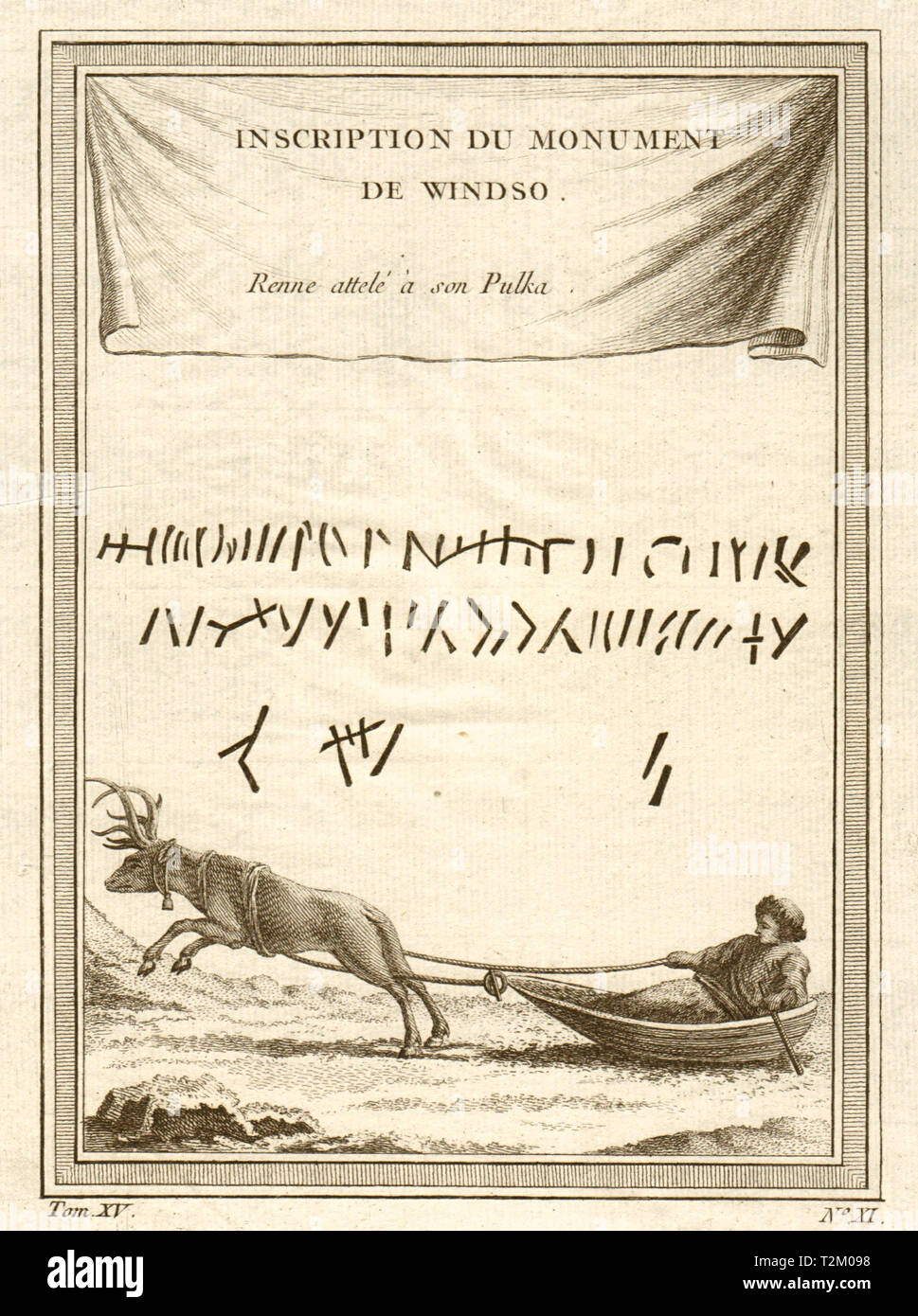 Käymäjärvi inscriptions. Reindeer harnessed to a Pulk sledge. Windso Sweden 1759 Stock Photo