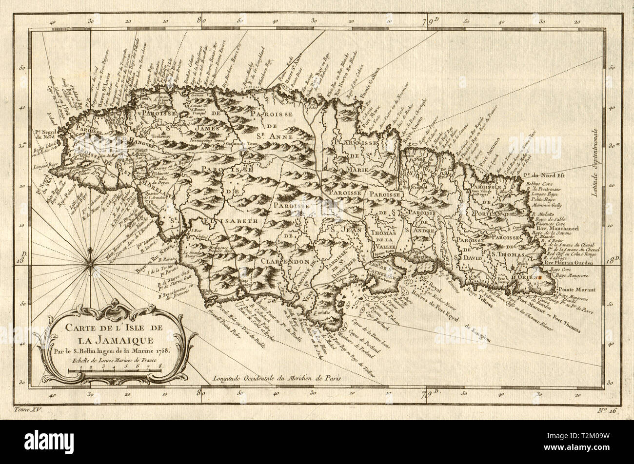 Old Map Of Jamaica Carte De L'isle De La Jamaïque'. Jamaica. West Indies. Bellin 1759 Old Map  Stock Photo - Alamy