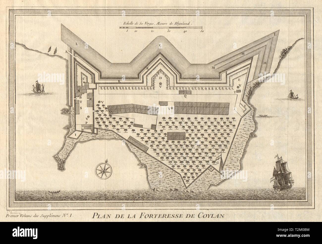 'Plan de la Forteresse de Coylan'. Kollam fortress Kerala India. BELLIN 1761 map Stock Photo