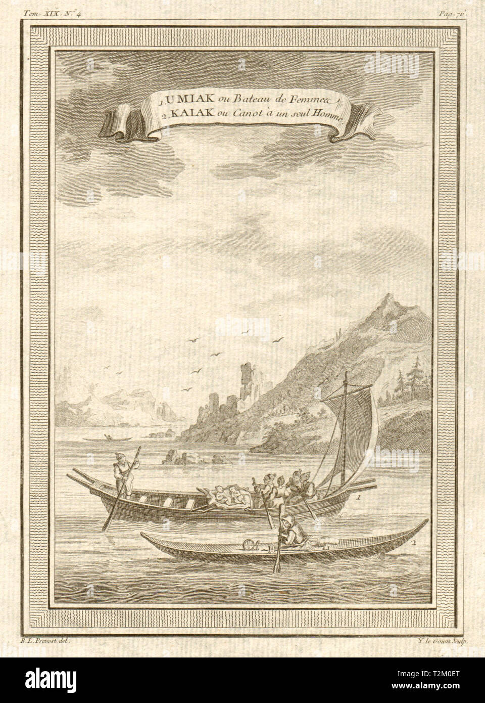 Umiak ou Bateau de Femmes. Kaiak ou Canot à un seul Homme. Kayak. Greenland 1770 Stock Photo