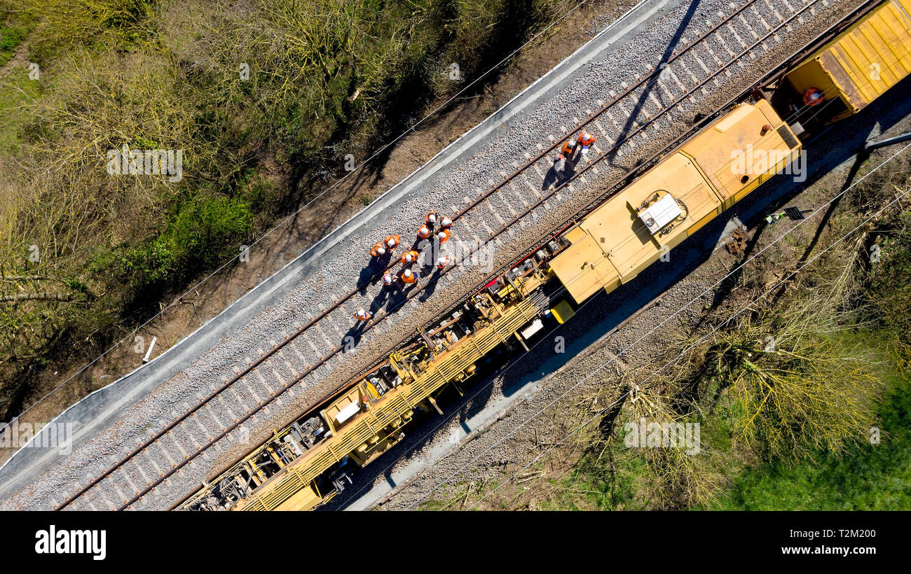 Aerial view of workers on a railway construction site, France Stock Photo