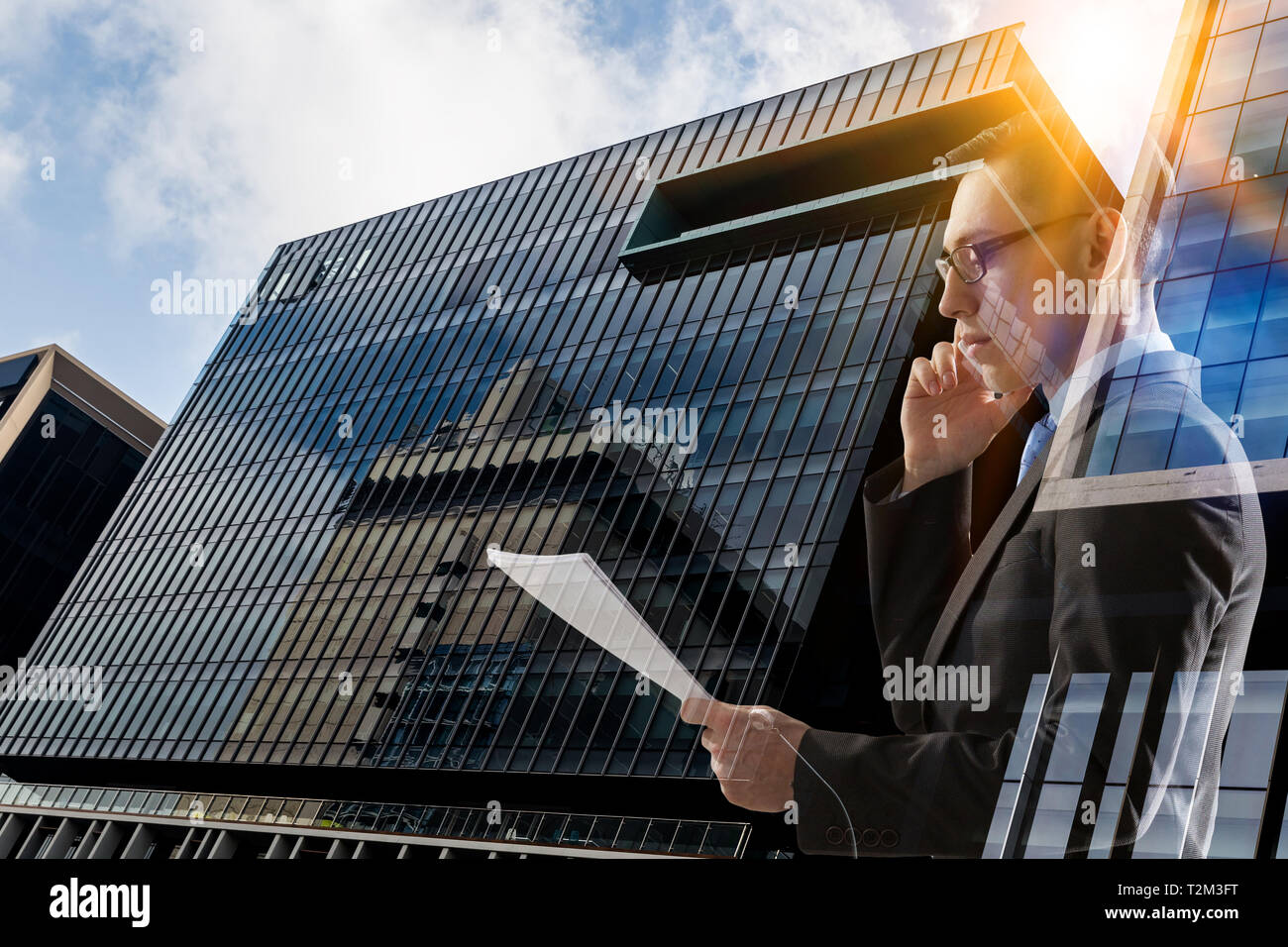 Double exposure of pensive businessman and modern city Stock Photo - Alamy