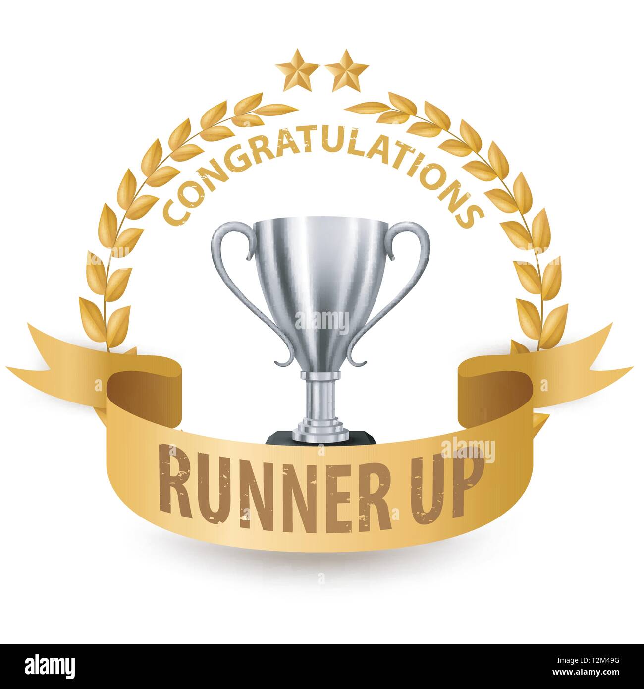 Realistic Silver Trophy with Gold Laurel Wreath and ribbon, Vector Illustration Stock Vector