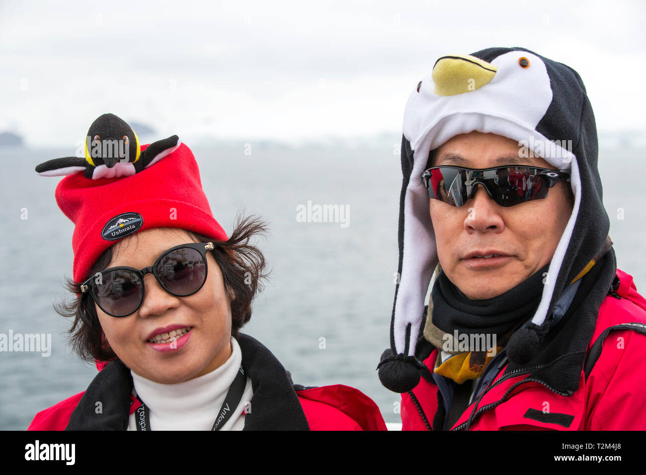 A South Korean couple on an Antarctic cruise ship off the Antarctic Peninsular, wearing penguin hats. Stock Photo