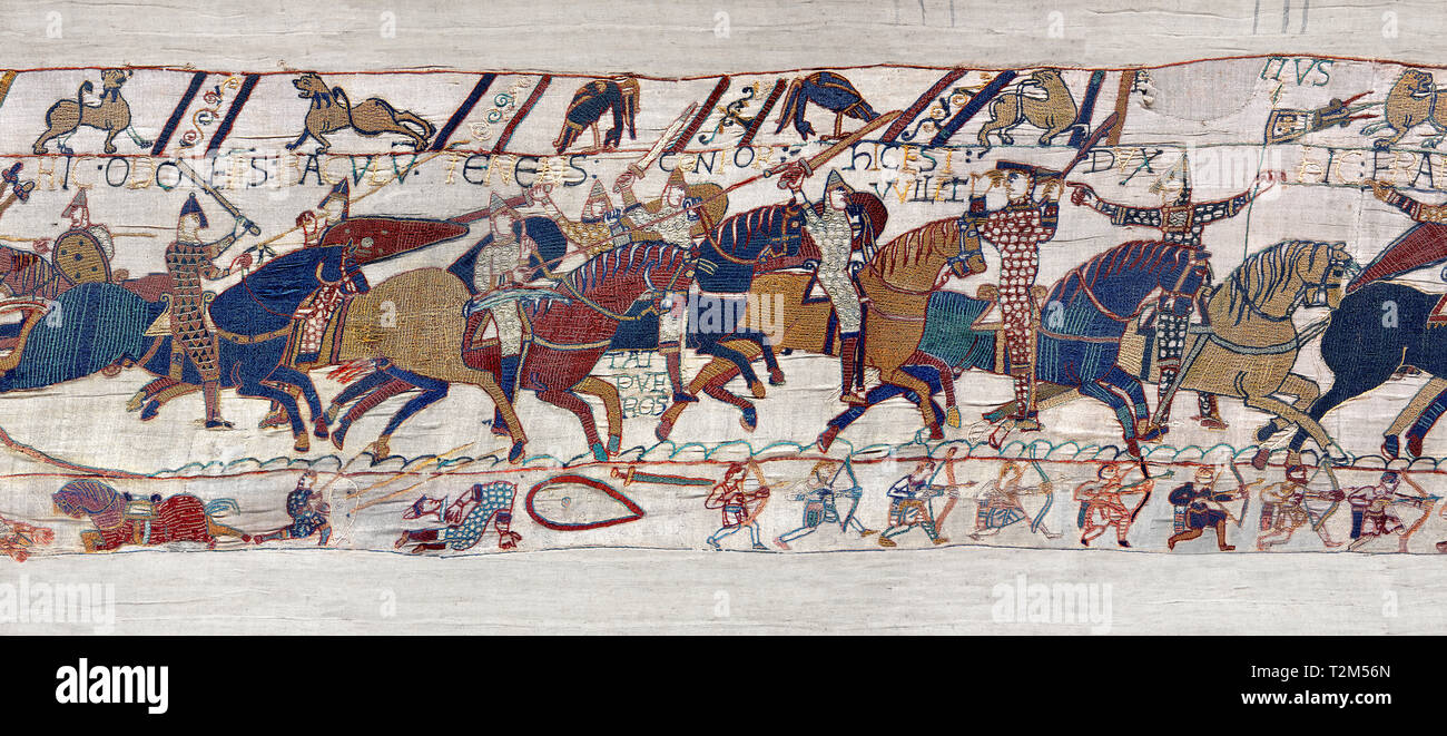 Bayeux Tapestry - Scene 54 -  Williams brother Bishop Odon encourages the Norman soldiers to fight. Scene 55 - Duke William takes off his helmet to sh Stock Photo