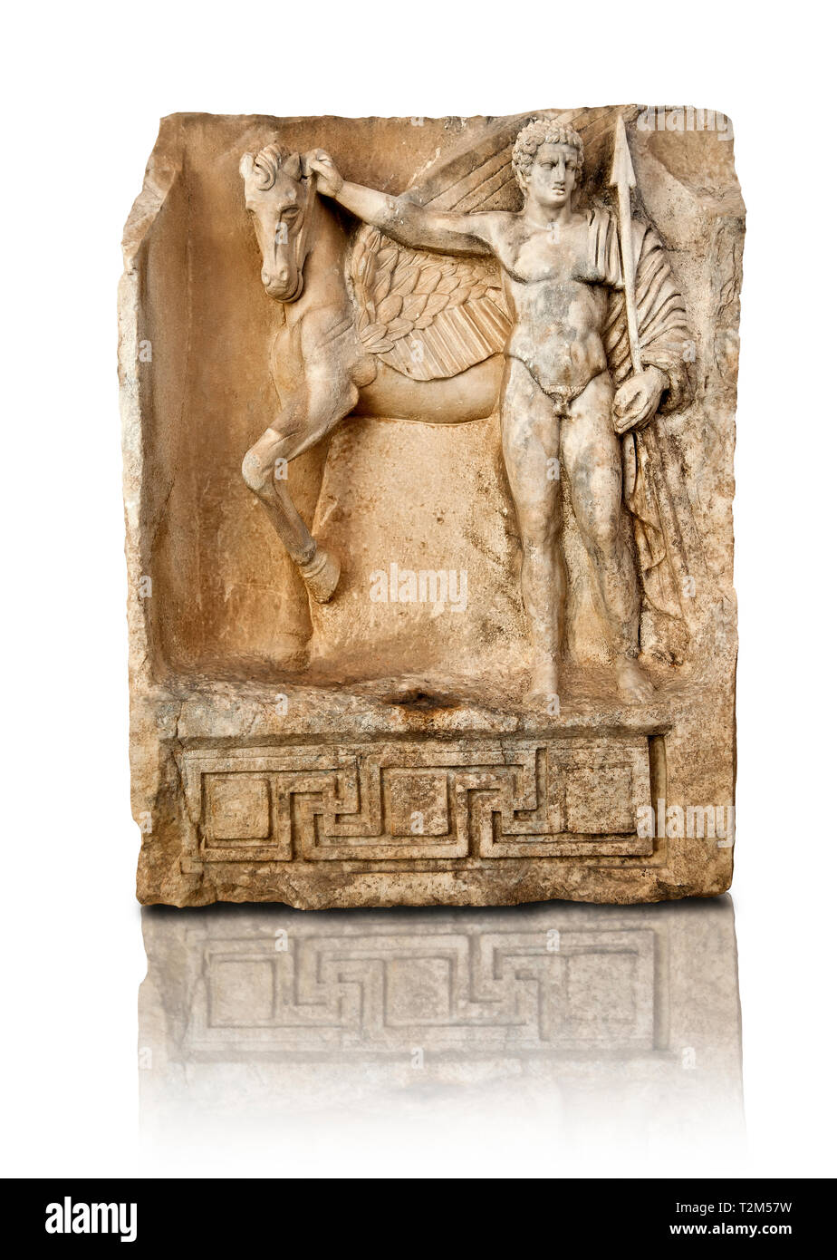 Roman temple freize releif sculpture of Bellerophon, Aphrodisias Museum, Aphrodisias, Turkey. Bellerophon was a Lykian hero who was claimed to be the  Stock Photo