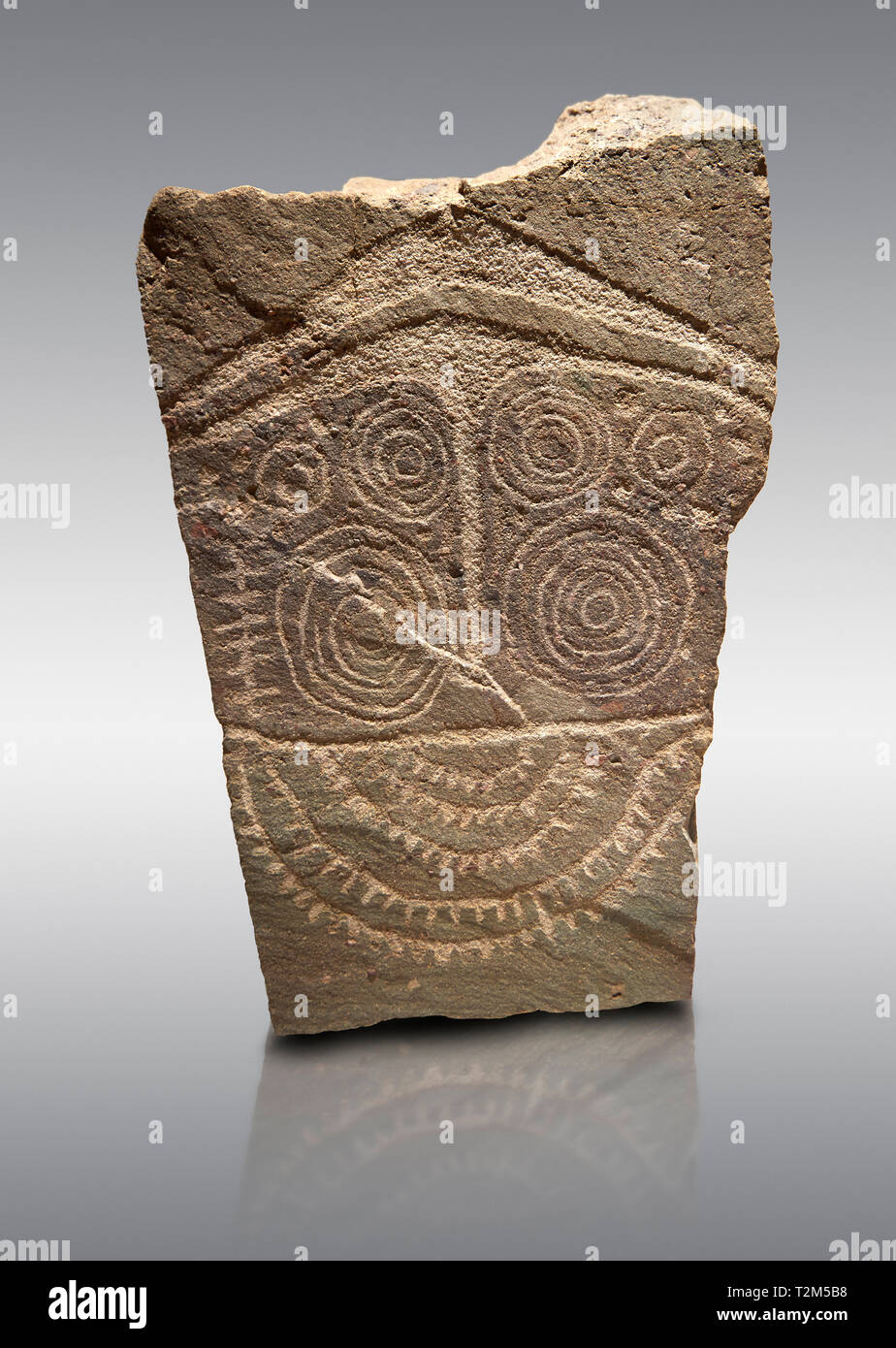 Prehistoric  petroglyphs, rock carvings, of geometric designs carved by  the prehistoric Camuni people, Museum of Prehistory in Val Camonica, Italy Stock Photo