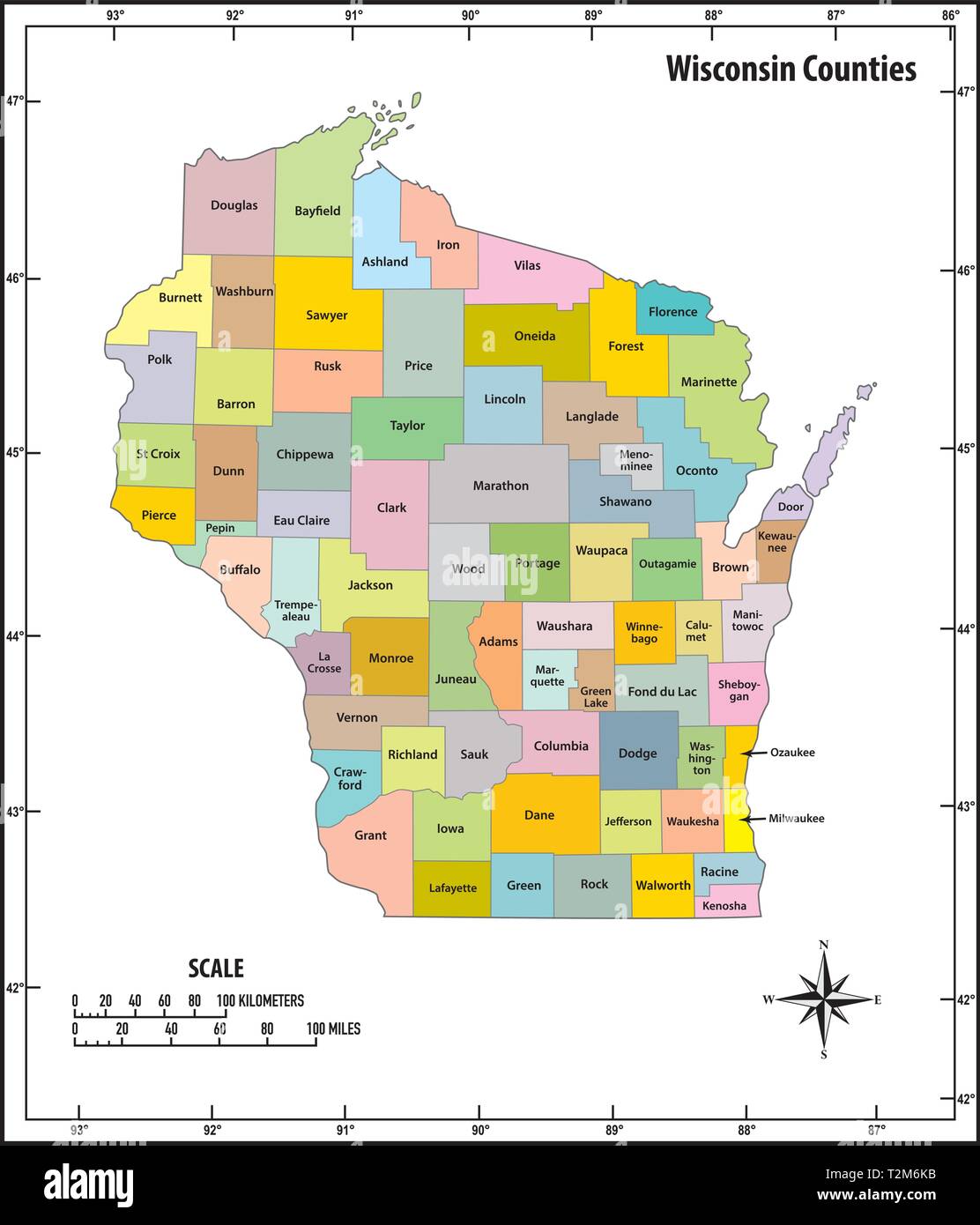 wisconsin state outline administrative and political vector map in color Stock Vector