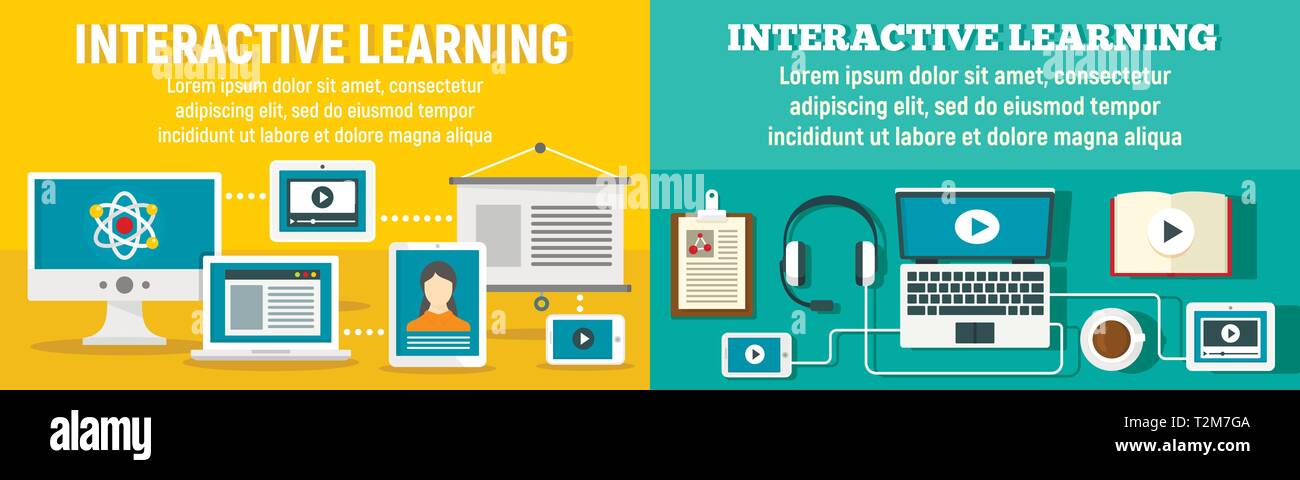 Interactive Learning Banner Set Flat Illustration Of Interactive