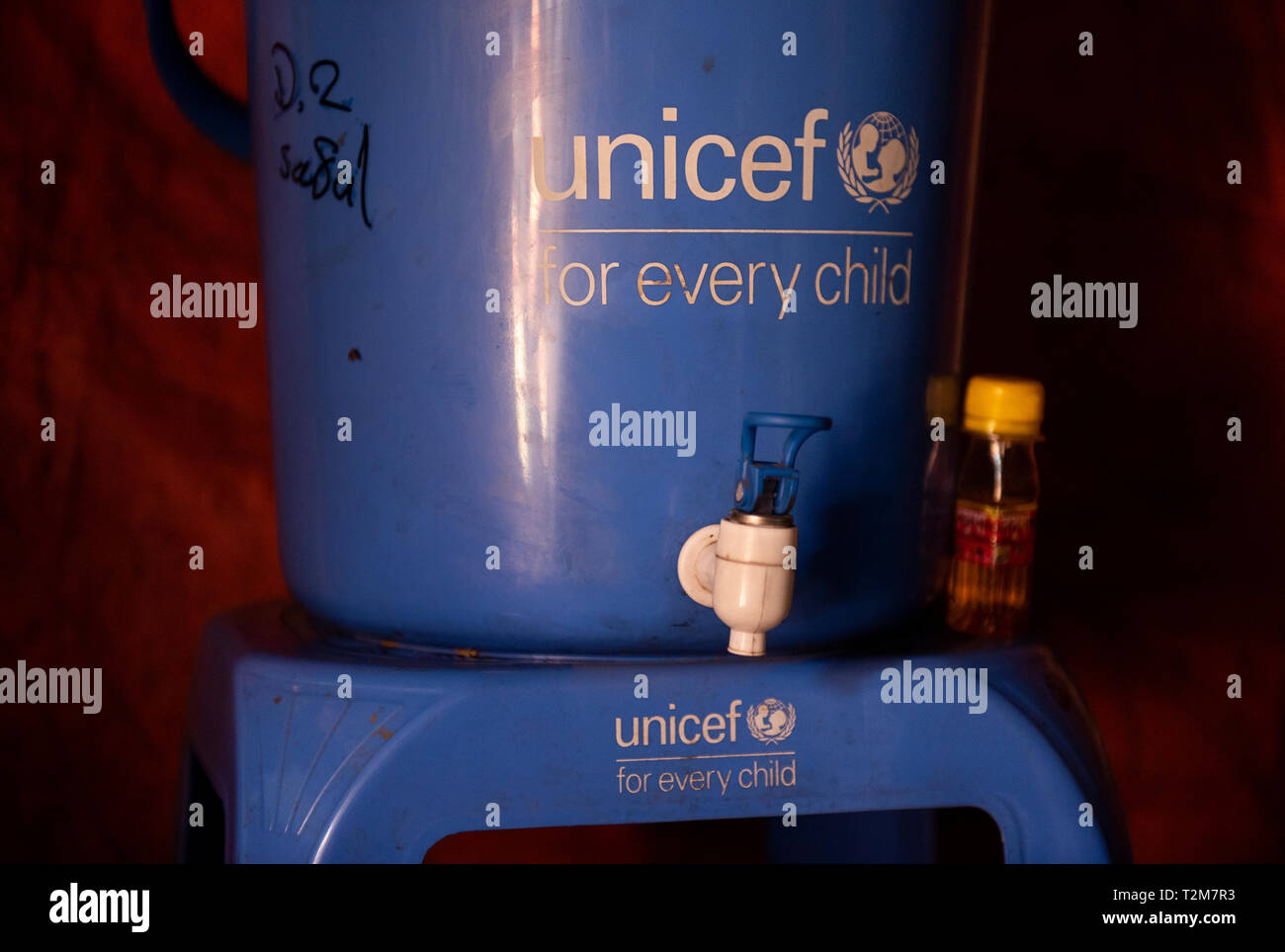 A Unicef water dispenser seen inside Rohingya's  family house in Cox Bazar refugee camp, Bangladesh. Stock Photo