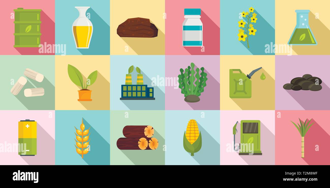 Bio fuel icons set, flat style Stock Vector