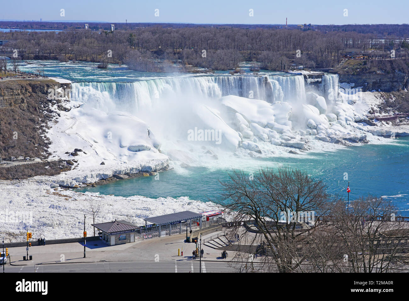 View of the American Falls in Niagara Falls in winter with frozen ice
