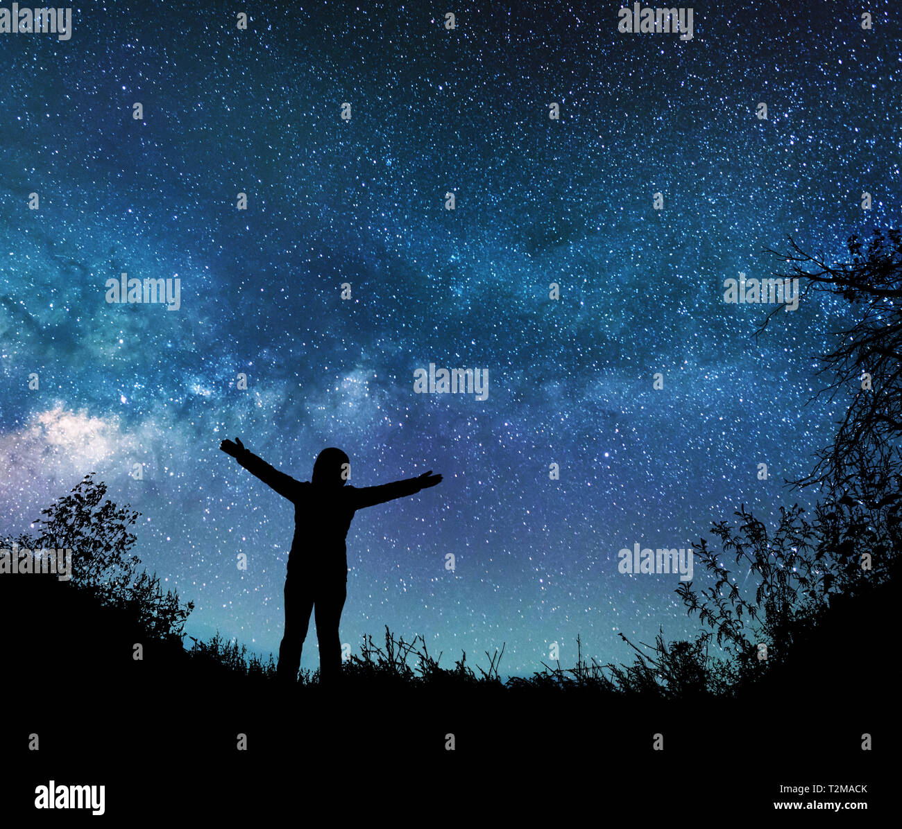 Girl watching the stars in night sky Stock Photo