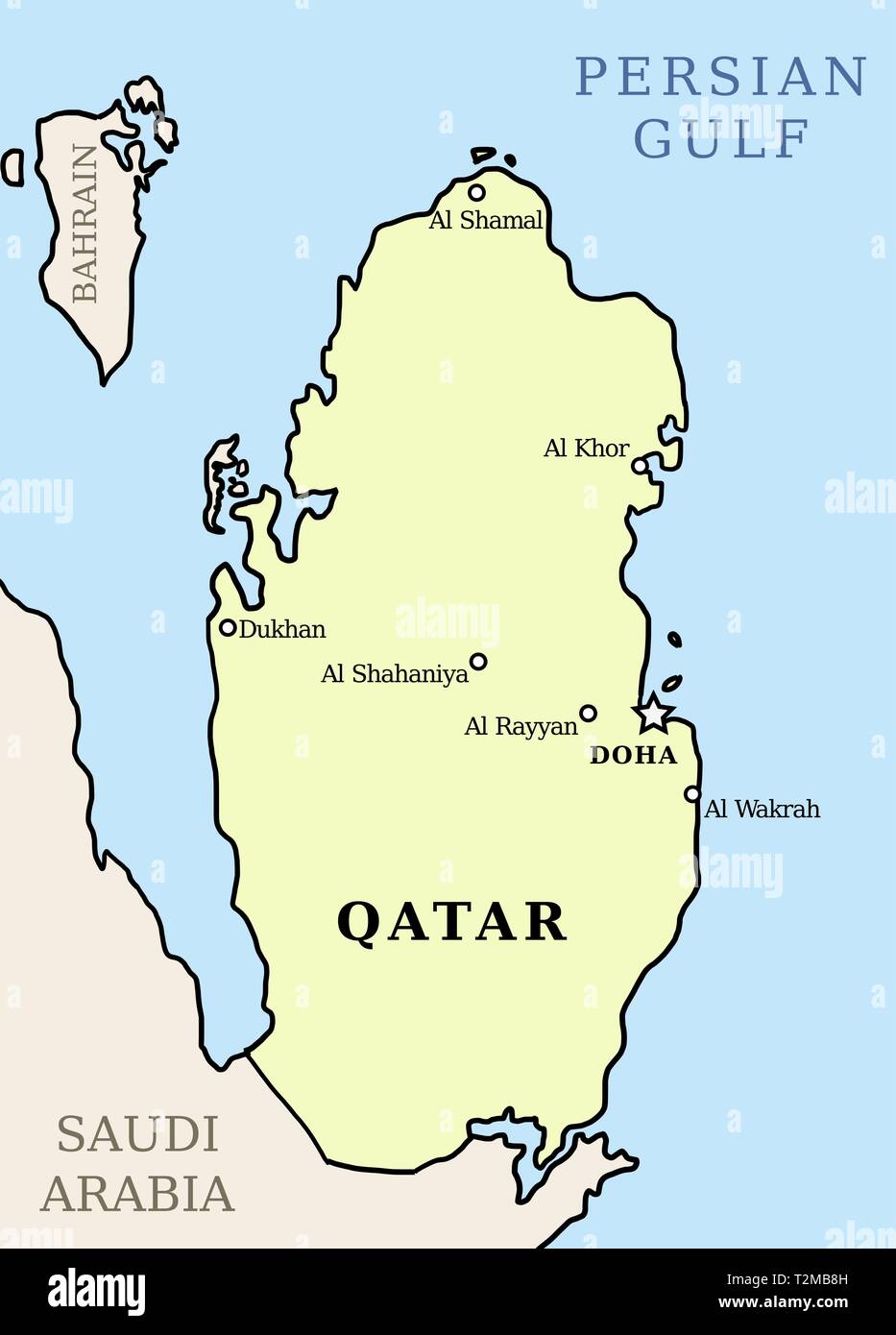 Qatar Political Map Qatar Map Outline Illustration Country Map With Main Cities T2MB8H 