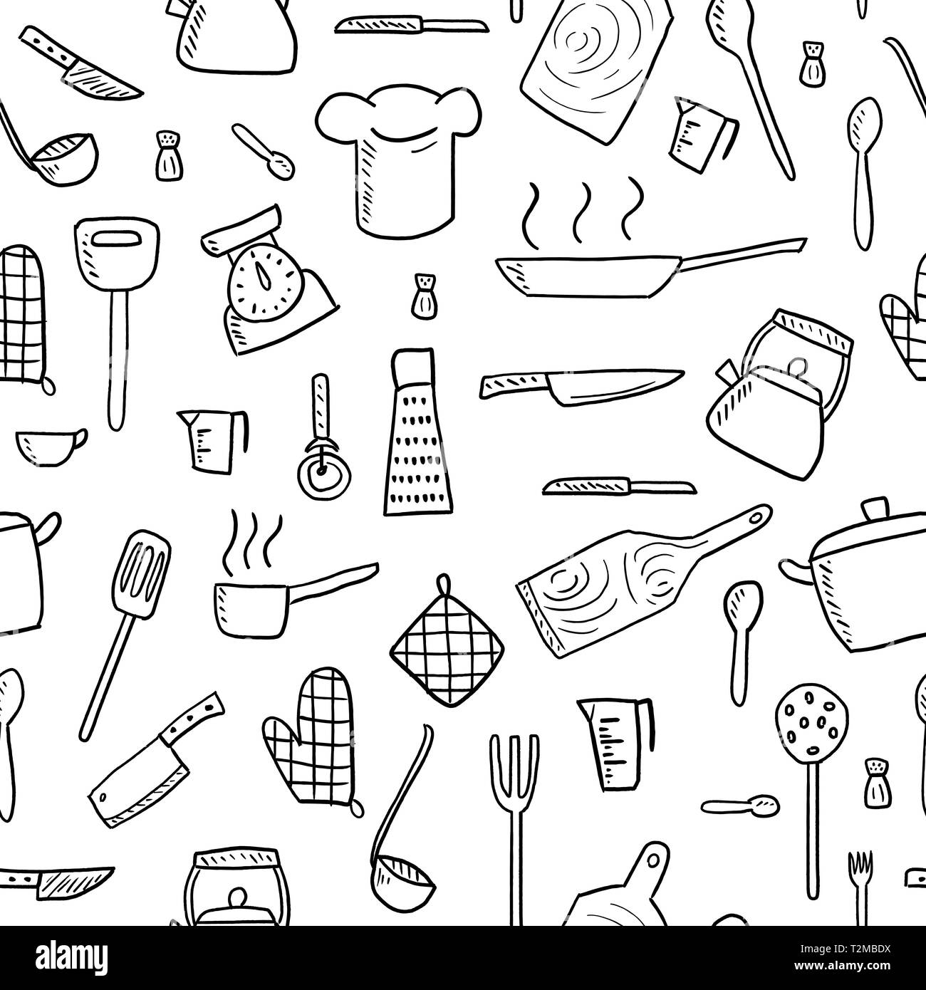 Set with kitchen utensil and appliance. Scandinavian illustration of kitchen  elements in flat style. Funny cartoon texture with hand drawn food  preparation and kitchenware. Vector doodle clipart. Stock Vector by ©Monash  412159158
