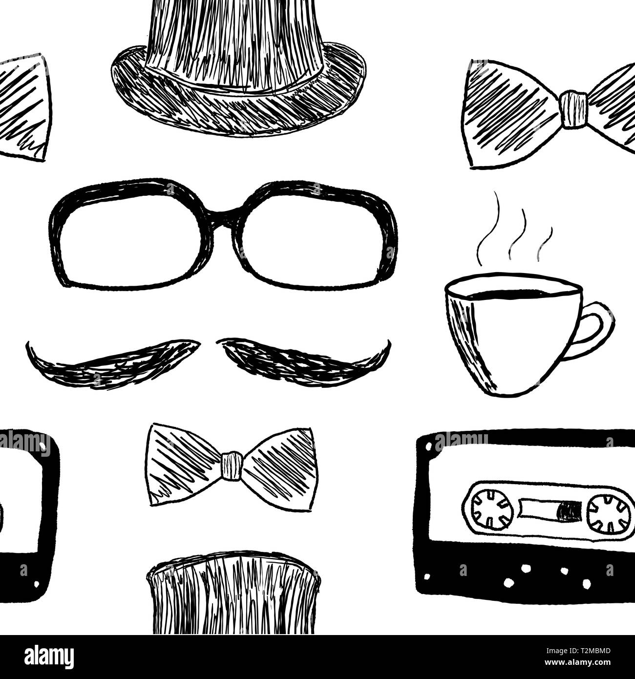 Hipster background with mustache and audio cassette tapes - seamless texture vector illustration. Stock Vector