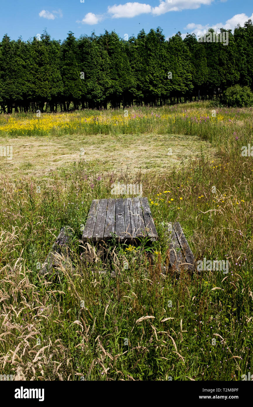 An abandoned picnic table sitting in tall overgrown grasses at the now forgotten and derelict B A club bowling green.Fort William scottish highlands Stock Photo