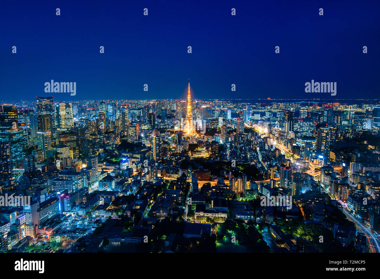 Tokyo tower night time, wide angle view, Japan. Stock Photo