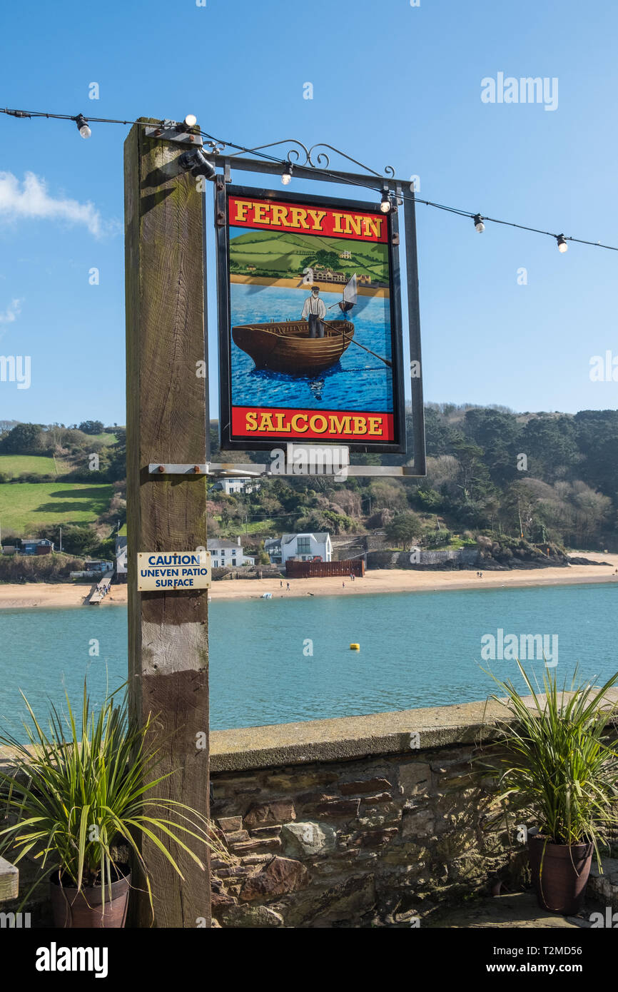 Pub sign for The Ferry Inn in the garden overlooking the Kingsbridge