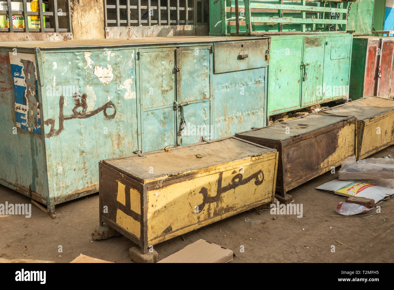 Nuri, Sudanm February 7., 2019: Market crates secured with padlocks at a market in a village in Sudan- Stock Photo