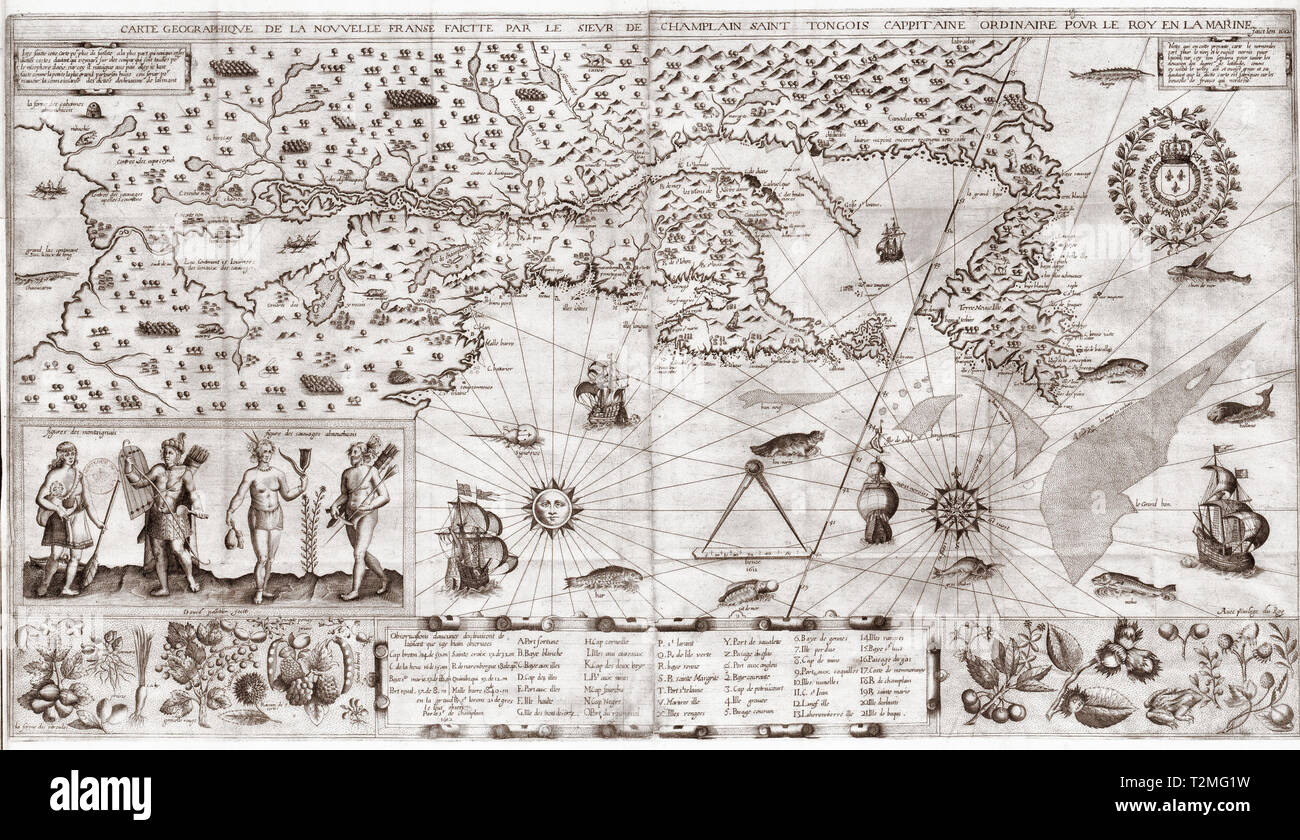 Samuel de Champlain Geographical Map of New France, circa 1612 Stock Photo