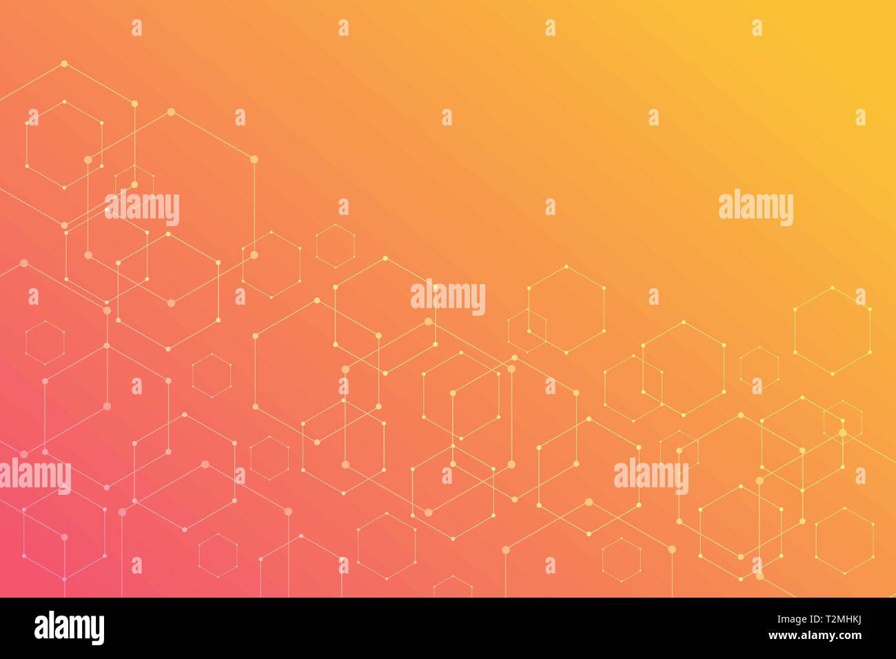 Abstract hexagonal molecular structures on orange background with copy space. Stock Vector
