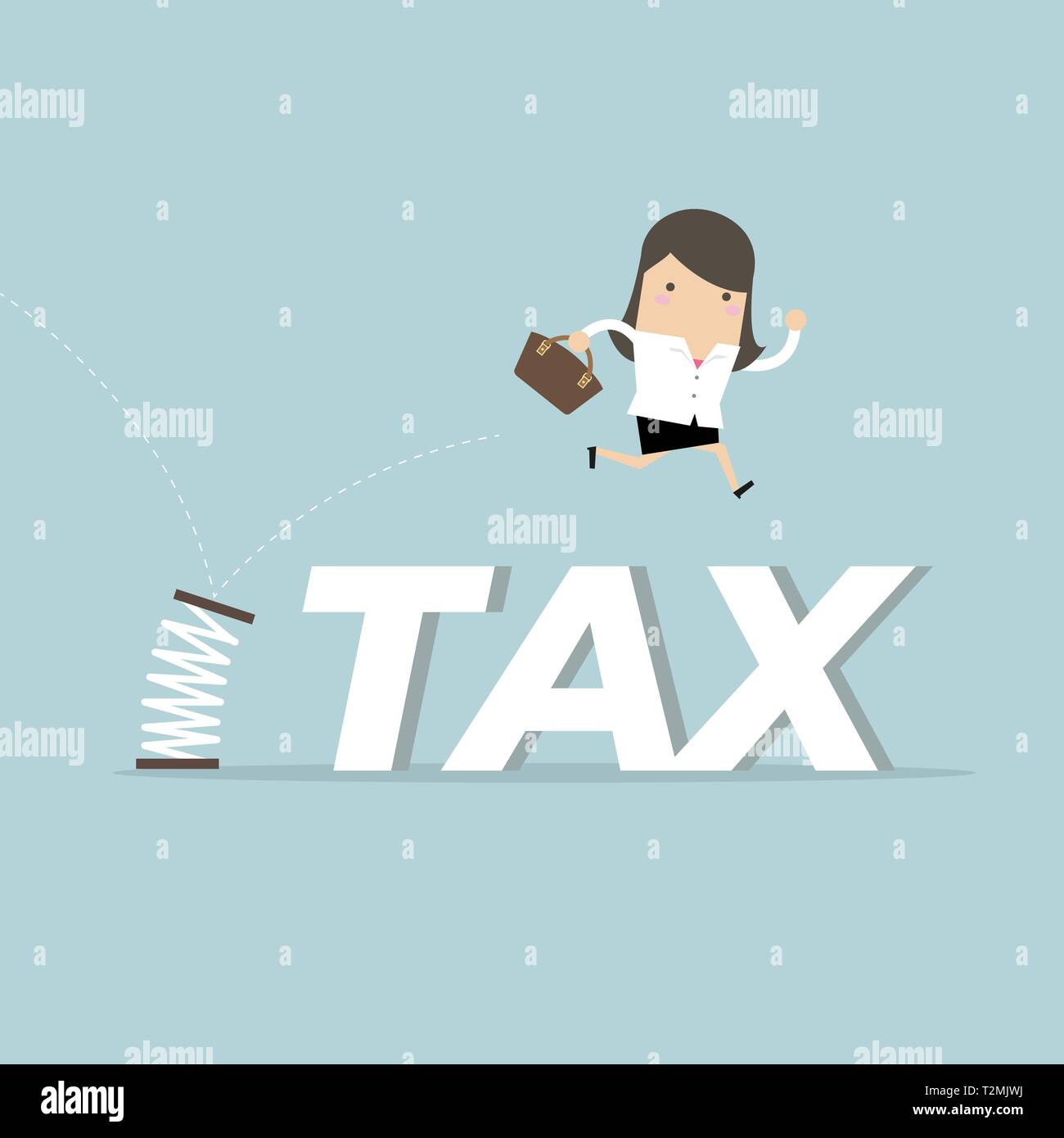 Businesswoman skipping taxes with spring. Stock Vector