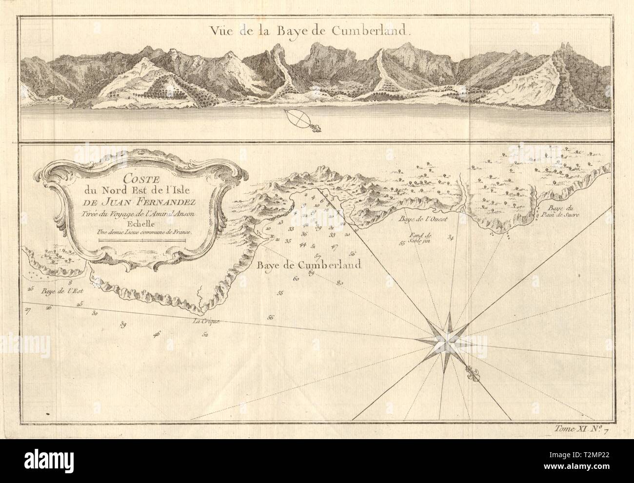 San Juan Bautista, Isla Robinson Crusoe, Juan Fernandez, Chile. BELLIN 1753 map Stock Photo