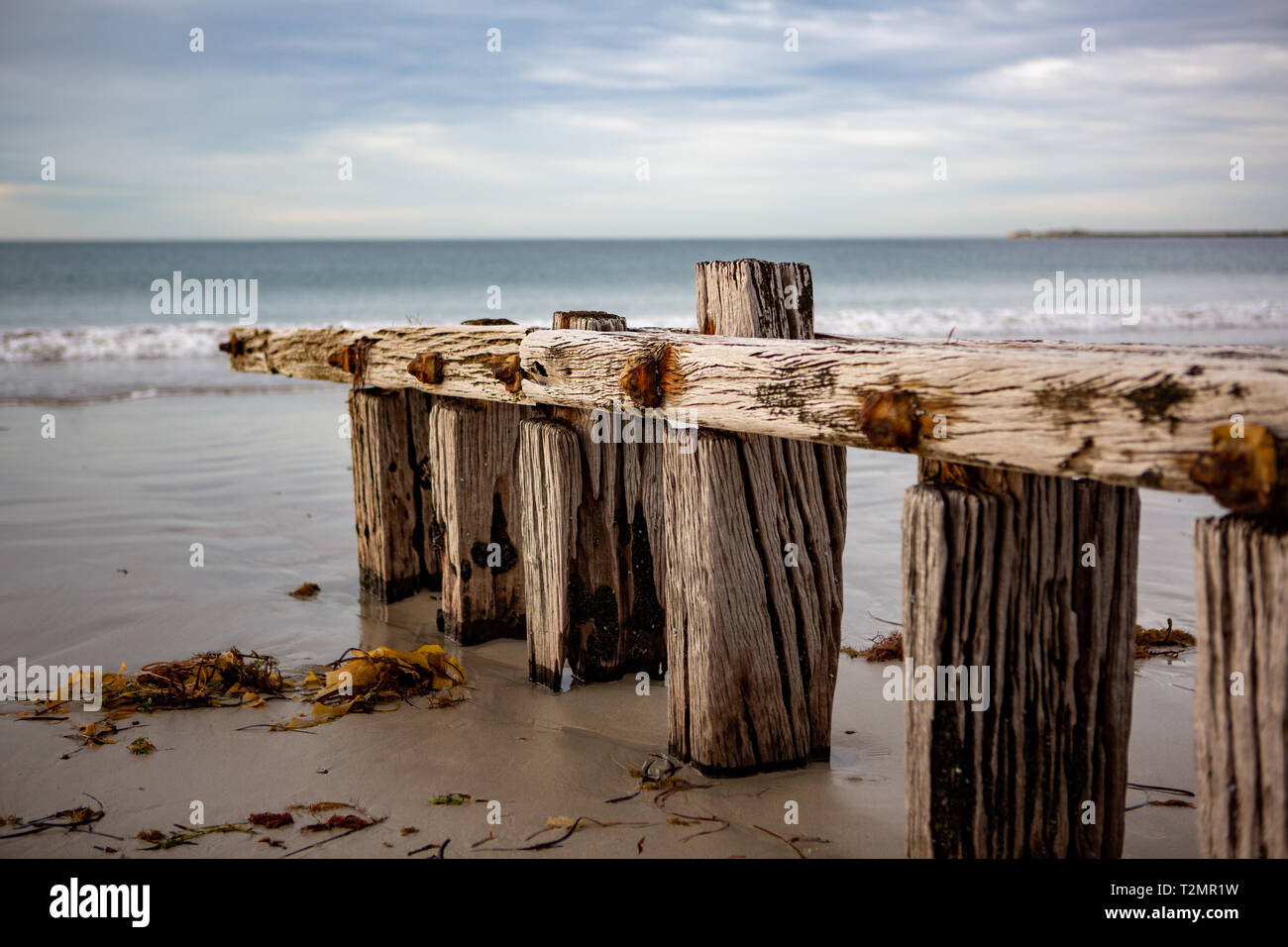 A closeup of The sand erosion groyne located at Victor Harbour on the fleurieu peninsula south australia on 3rd april 2019 Stock Photo