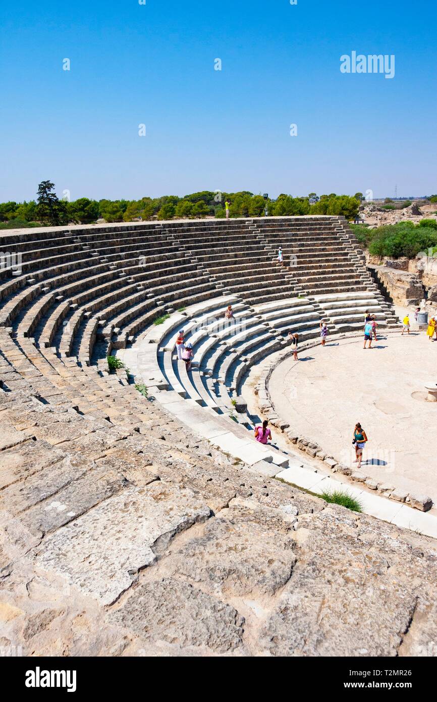 SALAMIS, NOTHERN CYPRUS - AUGUST 28, 2013: Tourists on ruins of ancient theater in town Salamis, Northern Cypruson August, Salamis,Turkish Republic. A Stock Photo