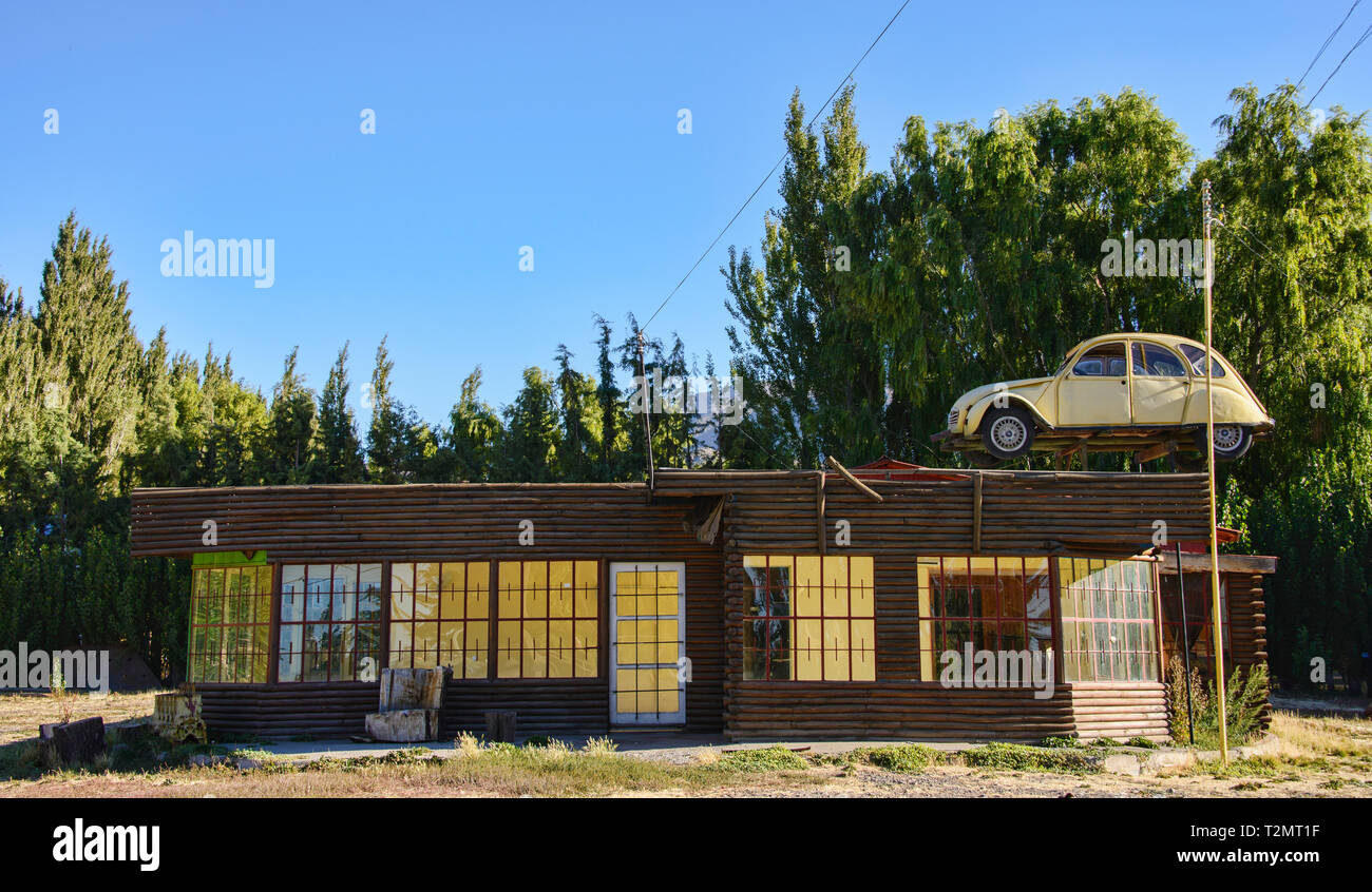 Car on top of a house, Chile Chico, Patagonia, Chile Stock Photo