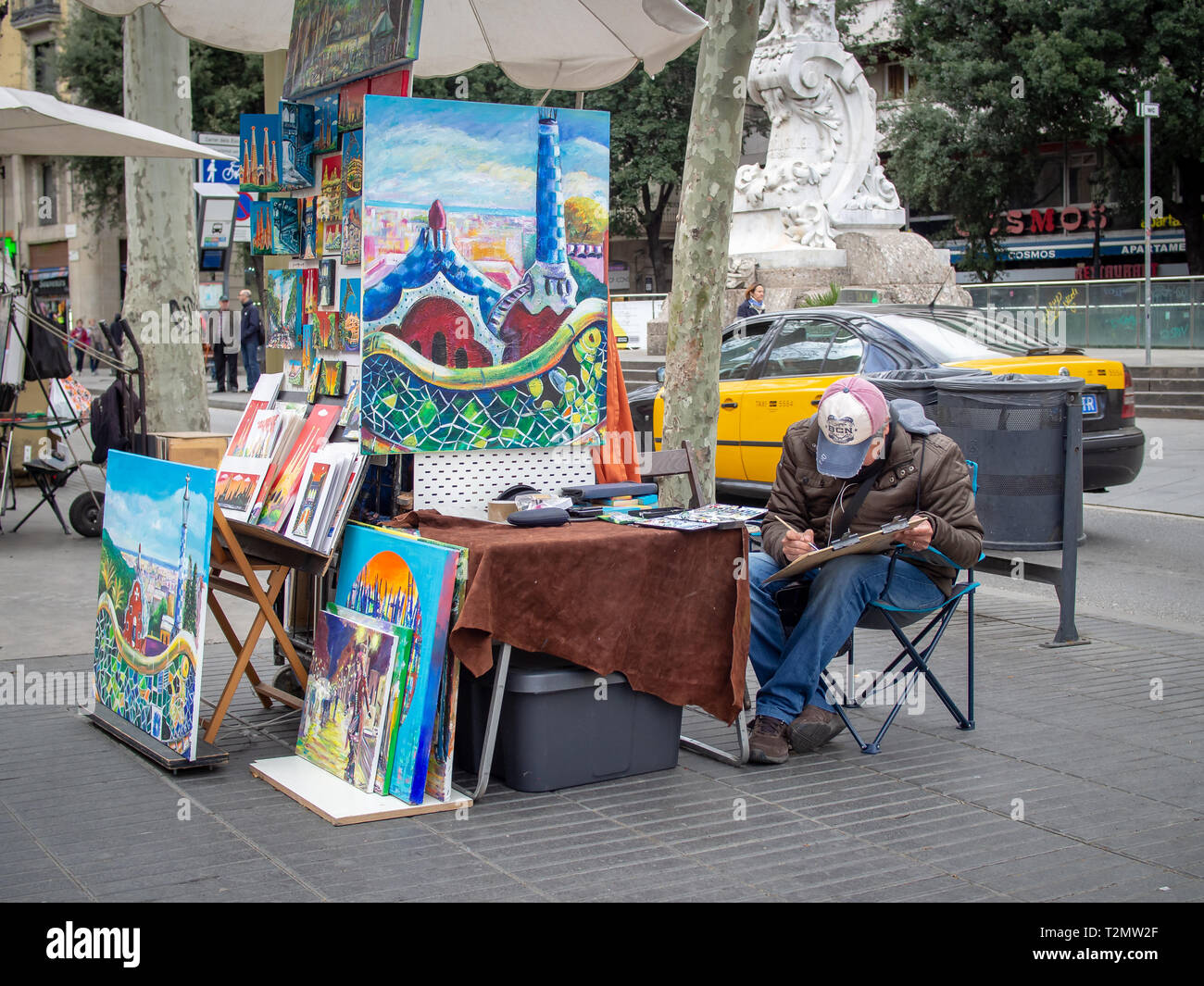 BARCELONA, SPAIN-MARCH 13, 2019: Street painter working at La Rambla street Stock Photo