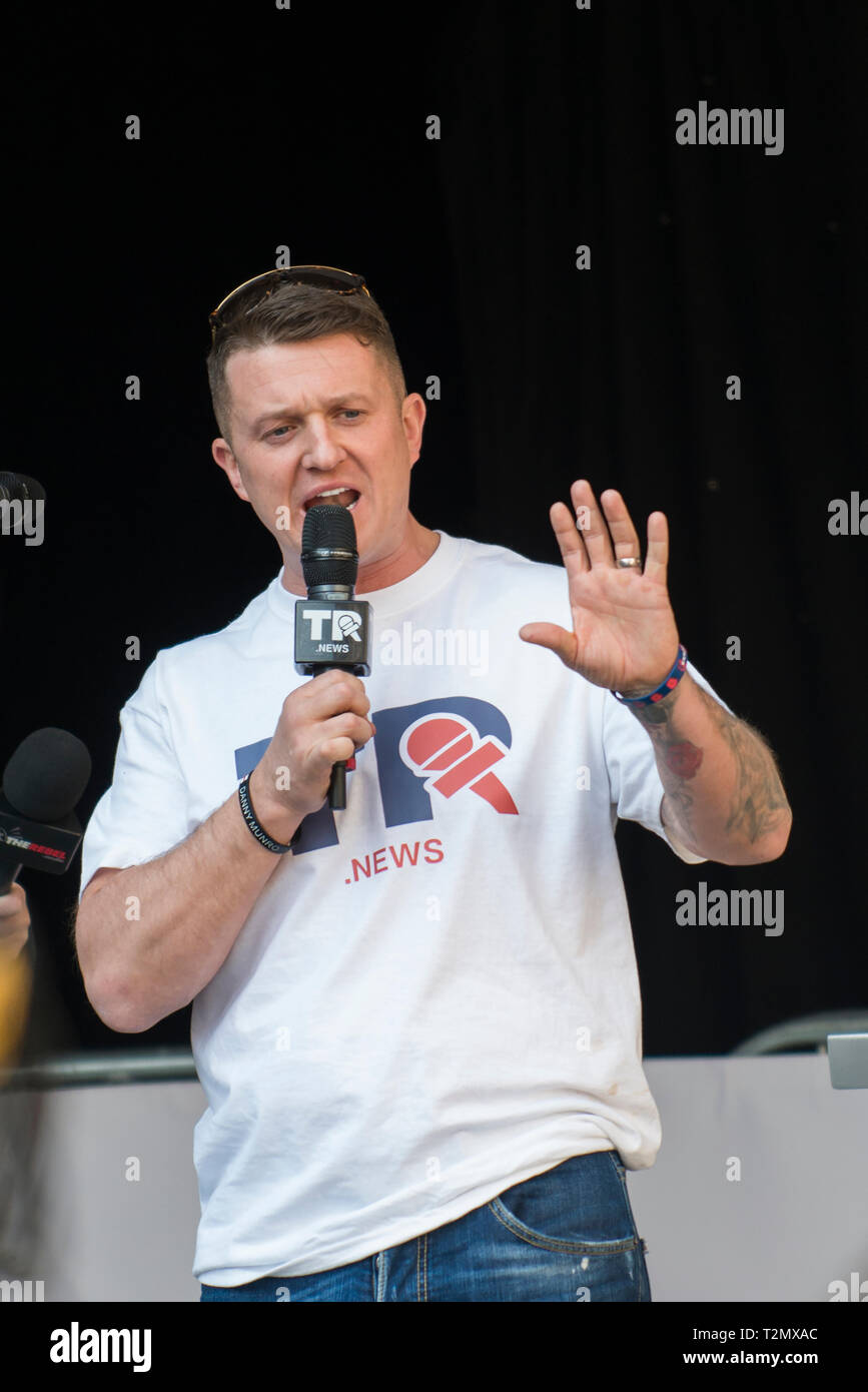 Tommy Robinson, speaking at the UKIP rally on March 29th 2019 along Parliament Square, Westminster, London Stock Photo