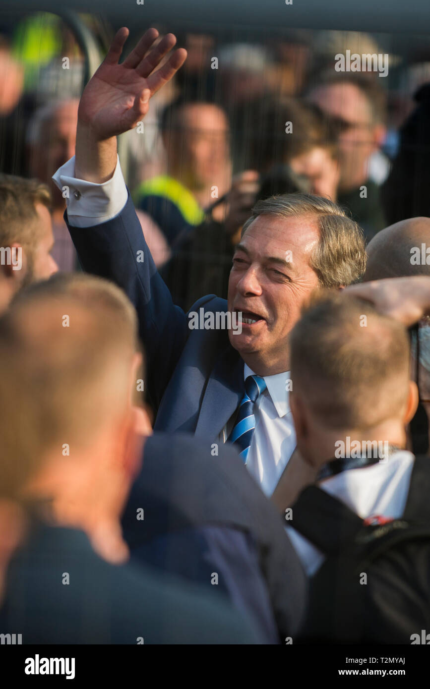 Nigel Farage, before he takes to the stage at the Leave Means Leave rally in Parliament Square, London on March 29th 2019 Stock Photo