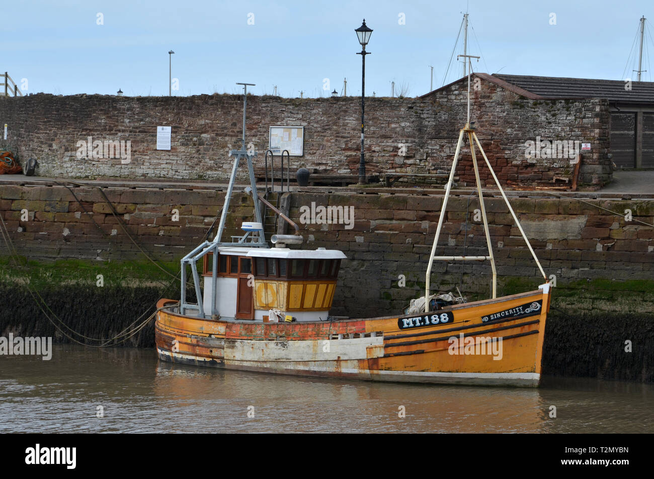 Fishing boat Sincerity MT188 fishing boat in Maryport Harbour. Maryport is a town and civil parish in the Allerdale borough of Cumbria, England. Stock Photo