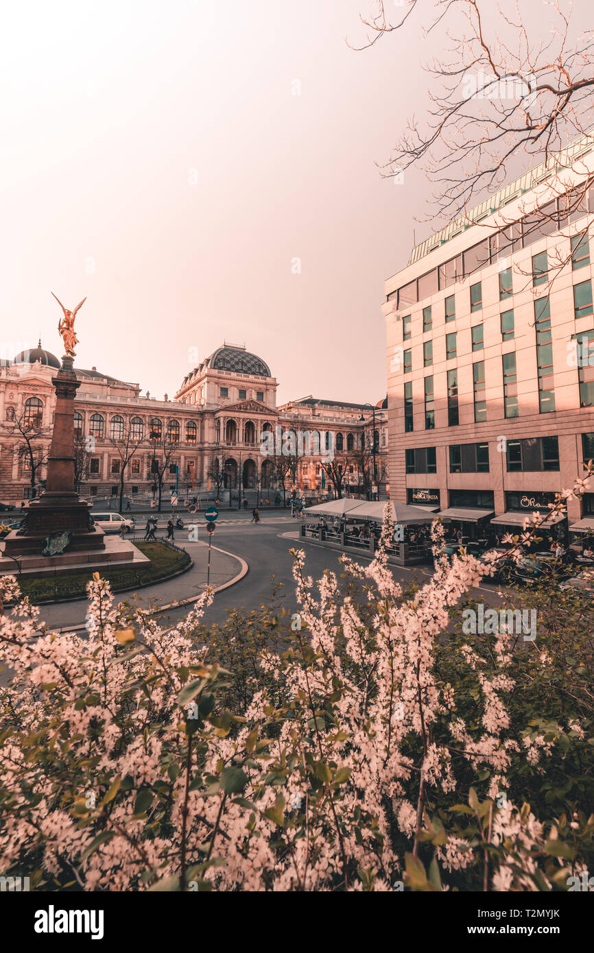 View of the University of Vienna Universitat Wien with Liebenberg memorial in Austria during spring sunset 2019 Stock Photo