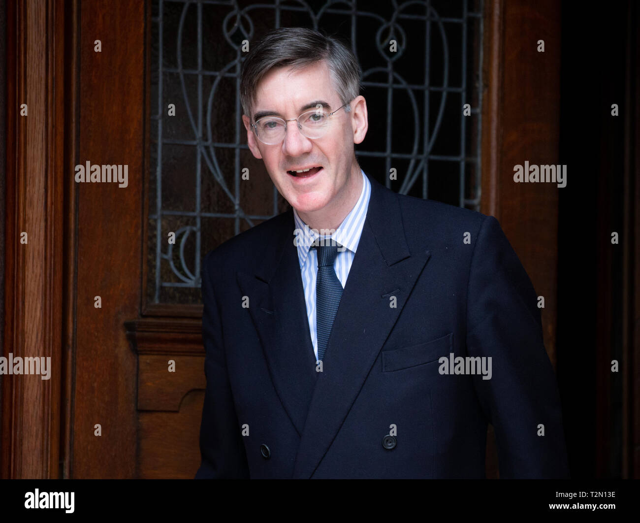 London, UK. 03rd Apr, 2019. Chairman of the ERG and Arch-Leave Campaigner, Jacob Rees-Mogg, leaves his home in Westminster Credit: Tommy London/Alamy Live News Stock Photo