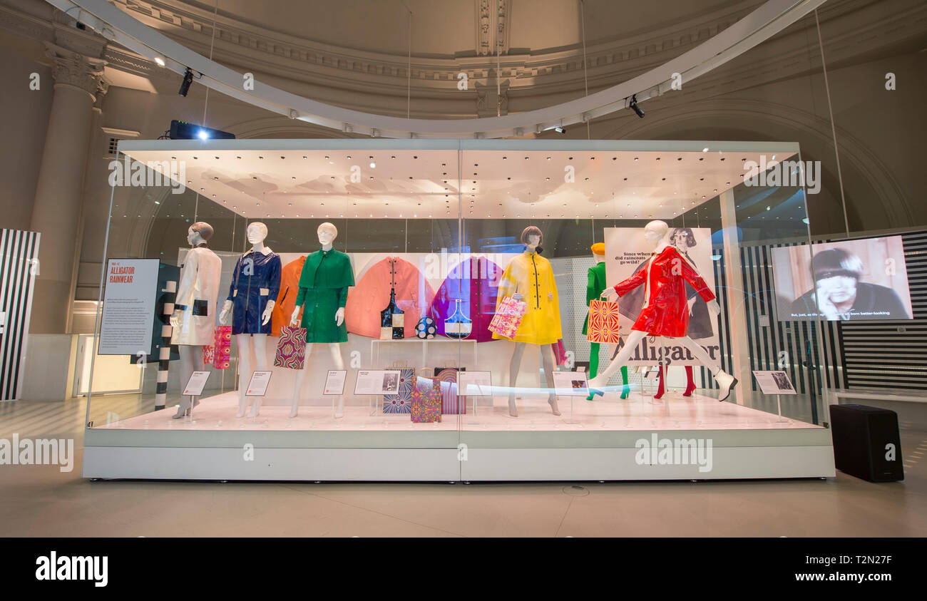 V A London UK. 3 April 2019. The first international retrospective on the iconic fashion designer Dame Mary Quant explores 1955 to 1975 when Quant revolutionised the high street. Garments on display i...