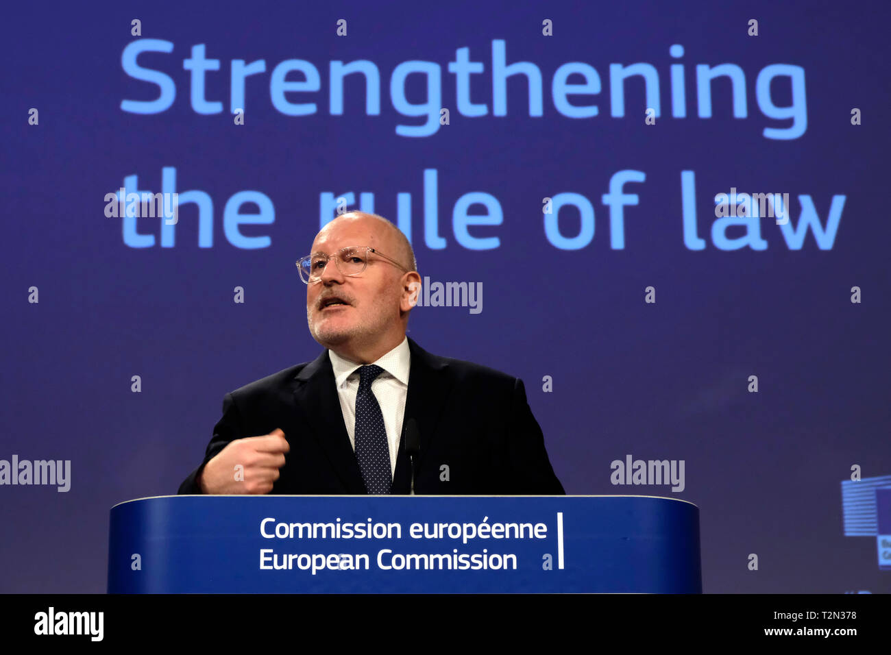 Brussels, Belgium. 3rd April 2019.European Commission Vice-President Frans Timmermans speaks during a media conference on strengthening the rule of law. Alexandros Michailidis/Alamy Live News Stock Photo