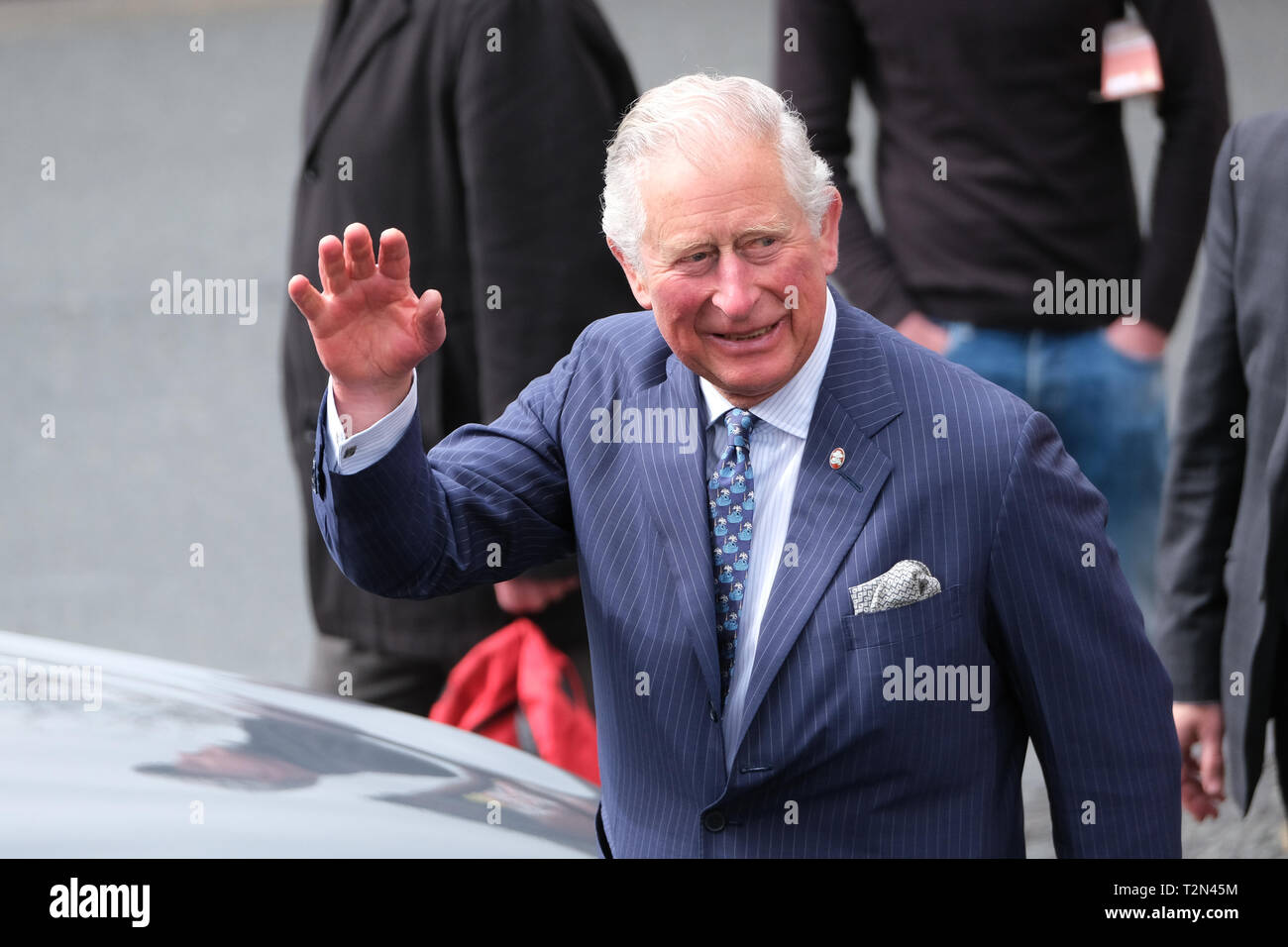 Wigan, UK. 3rd April 2019.  King Charles III, when he was the Prince of Wales, arriving at the Old Courts building in Wigan where he took a few minutes to talk to onlookers who had been waiting outside.  The was the first of three stops on his first visit to the Lancashire town. Credit: Paul Melling/Alamy Live News Stock Photo