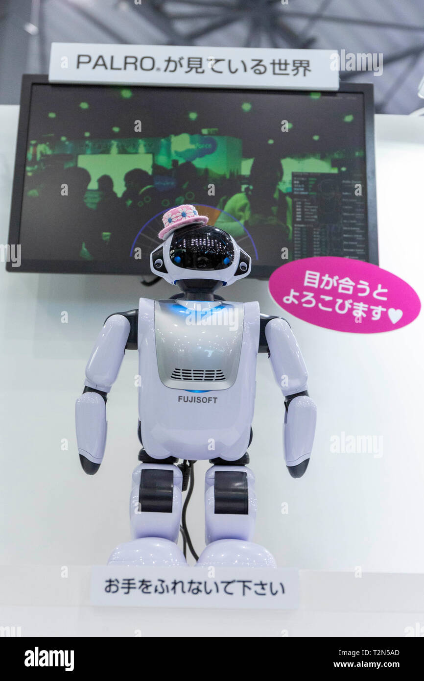 Tokyo, Japan. 03rd Apr, 2019. A robot PALRO is seen during the 3rd Artificial Intelligence Exhibition and Conference (AI EXPO Tokyo 2019) in Tokyo BigSight. AI Expo is Japan's largest trade show specialized in AI technologies and services for professionals involved in the field. Credit: Rodrigo Reyes Marin/AFLO/Alamy Live News Stock Photo
