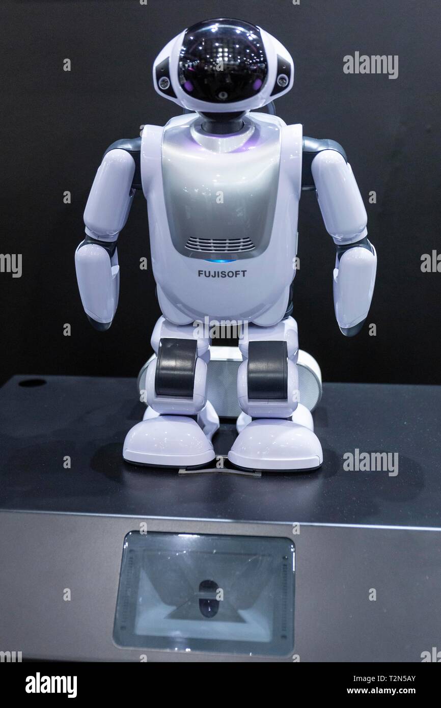 Tokyo, Japan. 03rd Apr, 2019. A robot PALRO is seen during the 3rd Artificial Intelligence Exhibition and Conference (AI EXPO Tokyo 2019) in Tokyo BigSight. AI Expo is Japan's largest trade show specialized in AI technologies and services for professionals involved in the field. Credit: Rodrigo Reyes Marin/AFLO/Alamy Live News Stock Photo