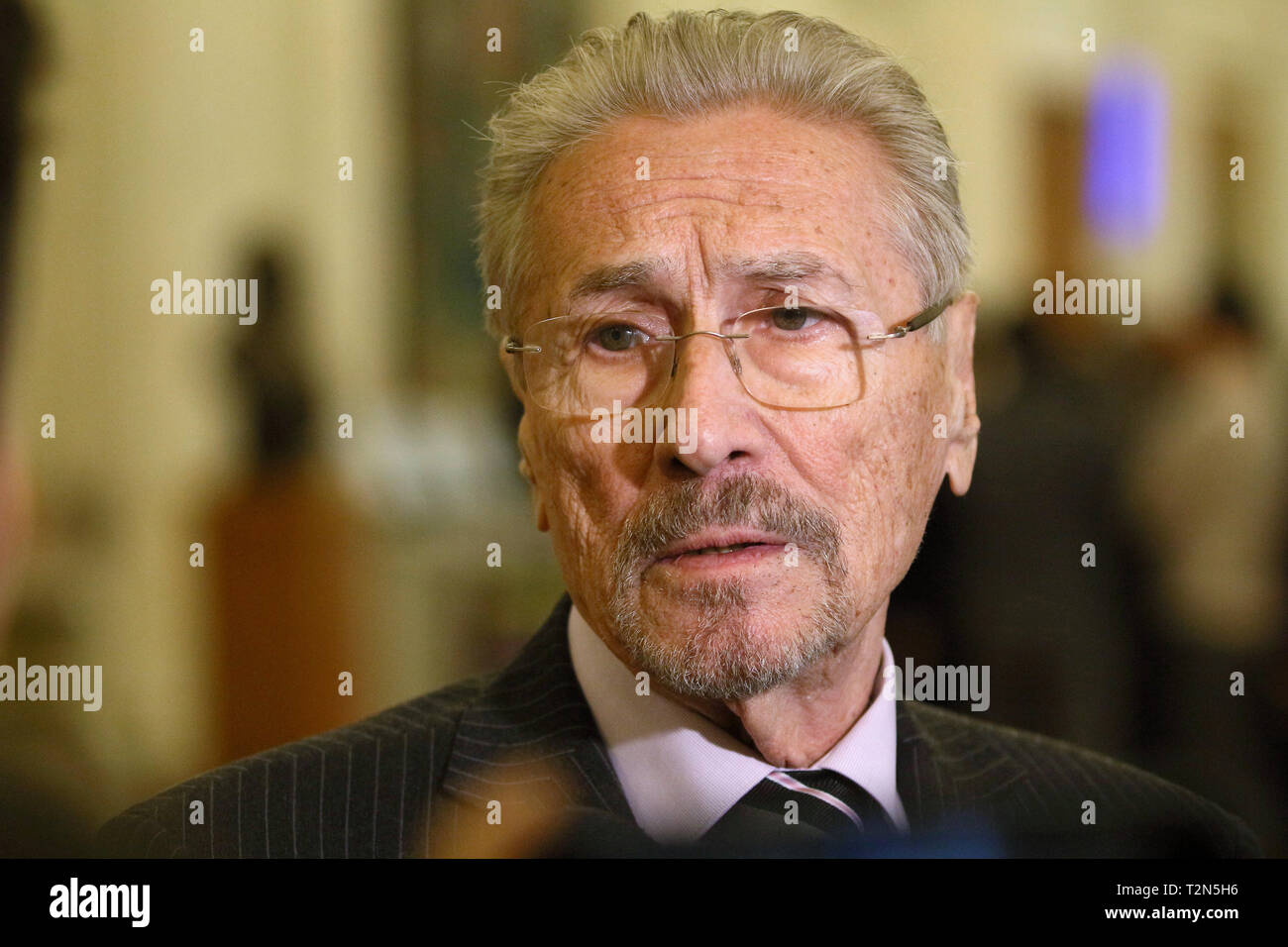 Bucharest, Romania - April 02, 2019: Emil Constantinescu, former President of Romania, speaks to the press on the occasion of the 15th anniversary of Romania's entry into NATO, in Bucharest. Credit: lcv/Alamy Live News Stock Photo