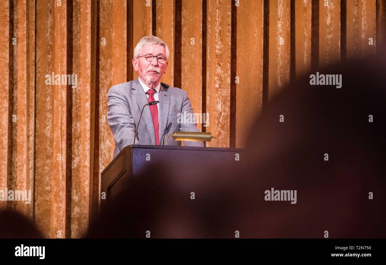 Munich, Bavaria, Germany. 3rd Apr, 2019. Controversial politician and book author THILO SARRAZIN held a speaking engagement in the Munich Kuenstlerhaus to approximately 100 fans, largely from right-extremist, islamophobic, far-right, and neo nazi circles, with some under Verfassungsschutz monitoring, such as Michael Stuerzenberger. Sarrazin held a discussion in support of his book ''die Fremde Uebernahme'' (''Hostile Takeover''). An accredited journalist was also held by security and insulted as ''from Antifa'', which then resulted in hostilities directed by others towards him. Furthermor Stock Photo