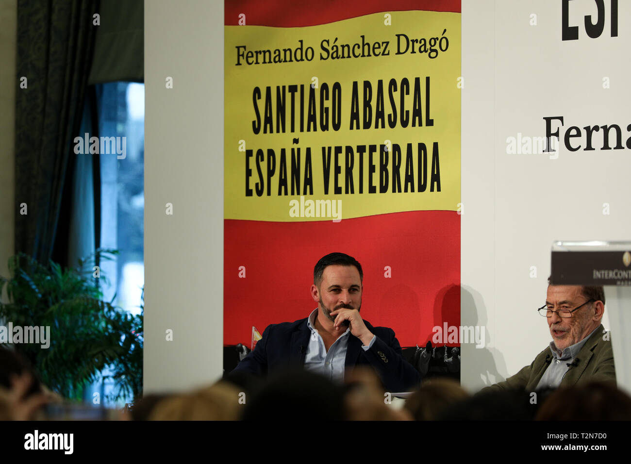 Madrid, Spain. 03rd Apr, 2019. Santiago Abascal(R) and Fernando Sanchez Drago seen speaking during the event. Credit: Jesús Hellin/Alamy Live News Stock Photo