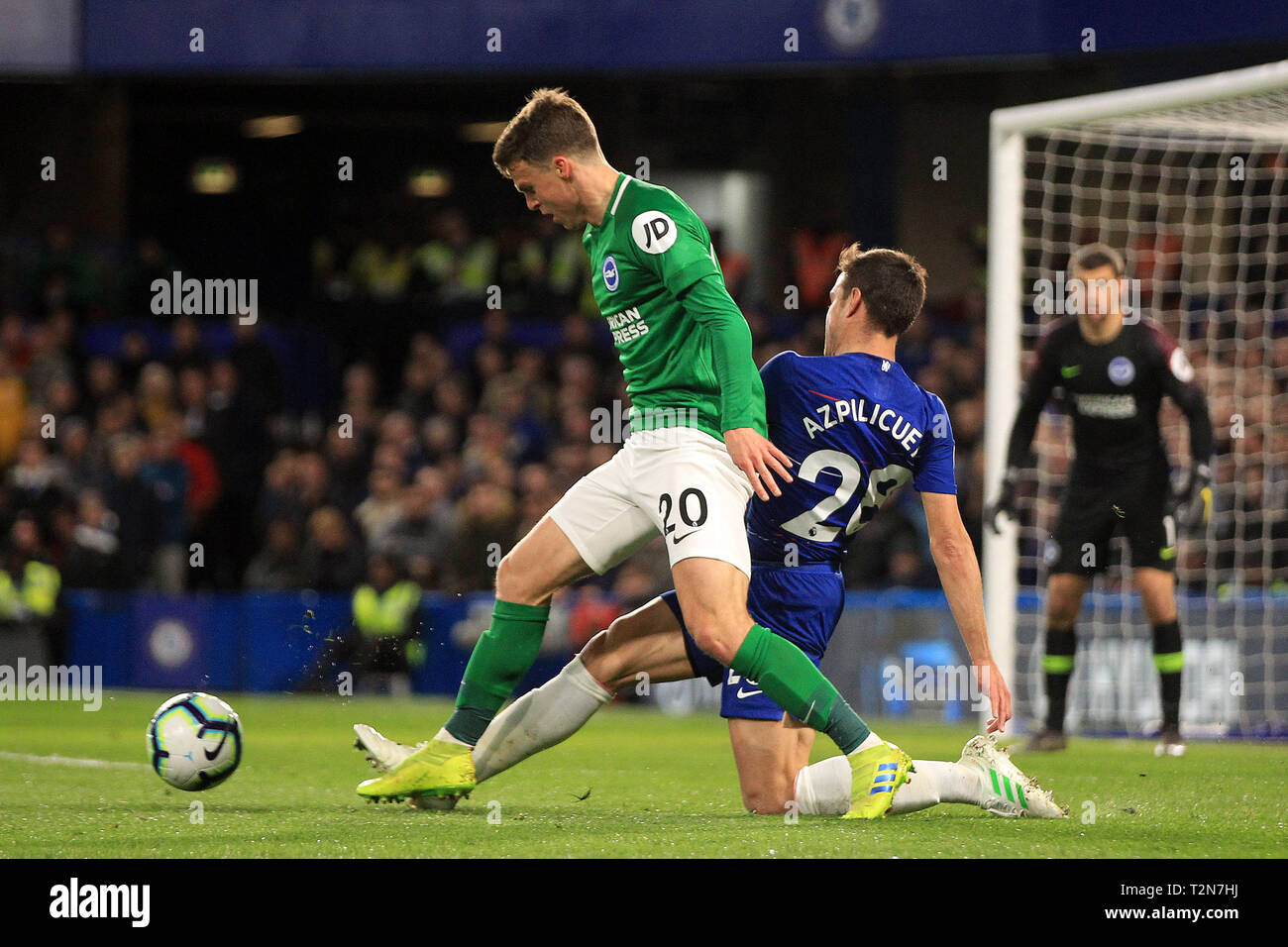 London, UK. 3rd Apr, 2019. Cesar Azpilicueta of Chelsea (R) tackles Solly March of Brighton & Hove Albion (L). Premier League match, Chelsea v Brighton & Hove Albion at Stamford Bridge in London on Wednesday 3rd April 2019. this image may only be used for Editorial purposes. Editorial use only, license required for commercial use. No use in betting, games or a single club/league/player publications. pic by Steffan Bowen/ Credit: Andrew Orchard sports photography/Alamy Live News Stock Photo