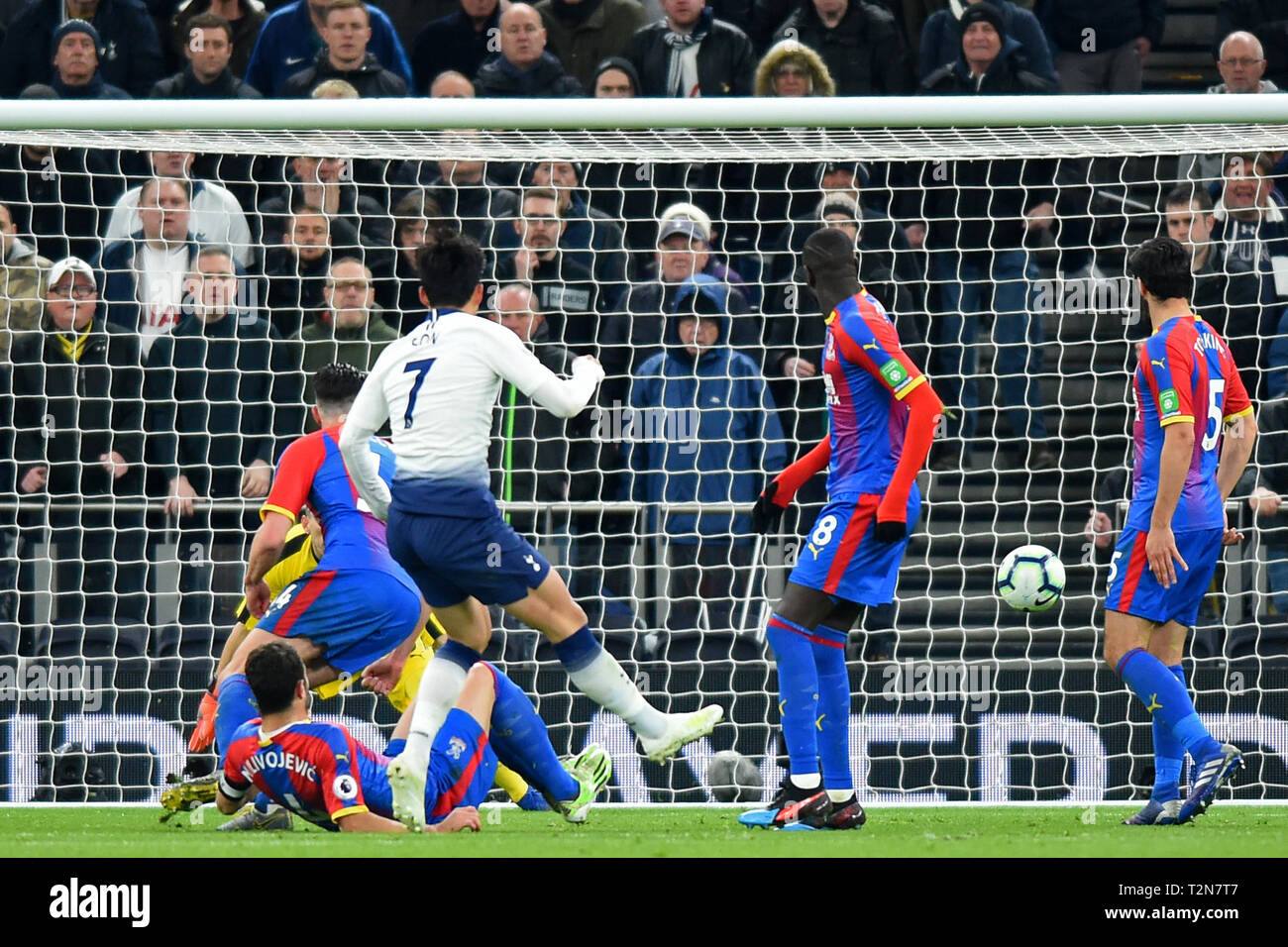 London, UK. 3rd Apr, 2019. Tottenham forward Heung-Min Son scores the first goal during the Premier League match between Tottenham Hotspur and Crystal Palace at The Tottenham Hotspur Stadium, London on Wednesday 3rd April 2019. Editorial use only. No use in betting, games or a single club/league/player publications. Photograph may only be used for newspaper and/or magazine editorial purposes. Credit: MI News & Sport /Alamy Live News Stock Photo
