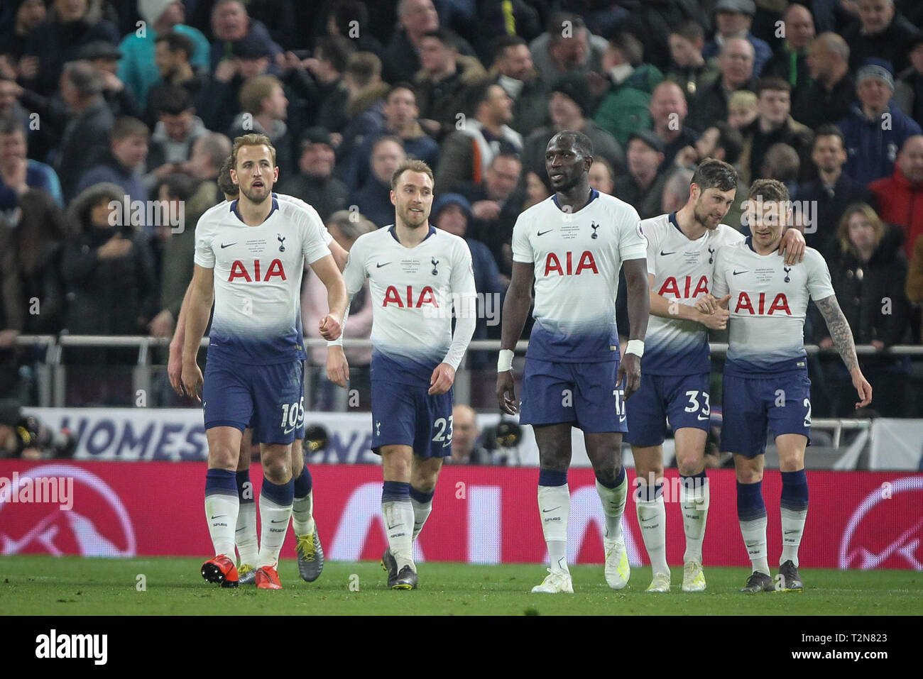 London Uk 3rd Apr 2019 The Spurs Players Celebrate Christian Eriksen Of Tottenham Hotspur Goal To