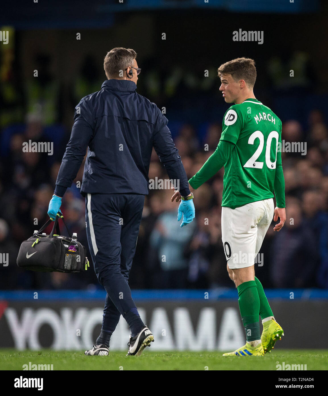 London, UK. 03rd Apr, 2019. Solly March of Brighton & Hove Albion goes off injured during the Premier League match between Chelsea and Brighton and Hove Albion at Stamford Bridge, London, England on 3 April 2019. Photo by Andy Rowland. Credit: Andrew Rowland/Alamy Live News Stock Photo