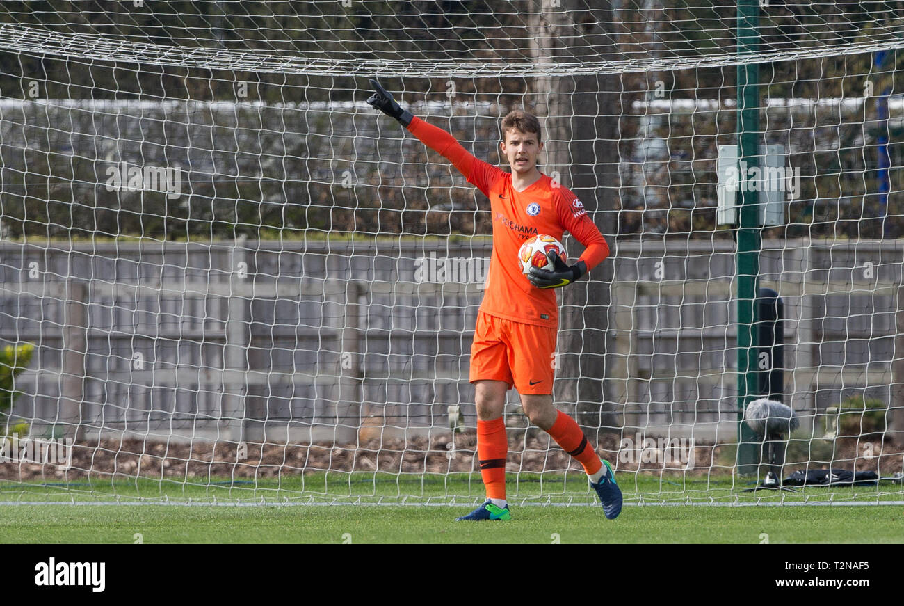 London, UK. 03rd Apr, 2019. Goalkeeper Karlo Zier of Chelsea  during the UEFA Youth League Quarter Final match between Chelsea U19 and Dinamo Zagreb U19 at Stamford Bridge, London, England on 3 April 2019. Photo by Andy Rowland. Credit: Andrew Rowland/Alamy Live News Stock Photo